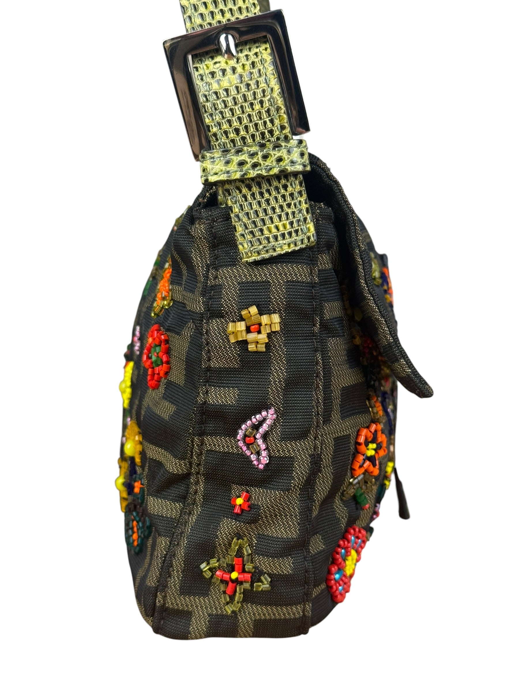 Fendi Vintage Zucca Beaded Lizard Trimmed Baguette