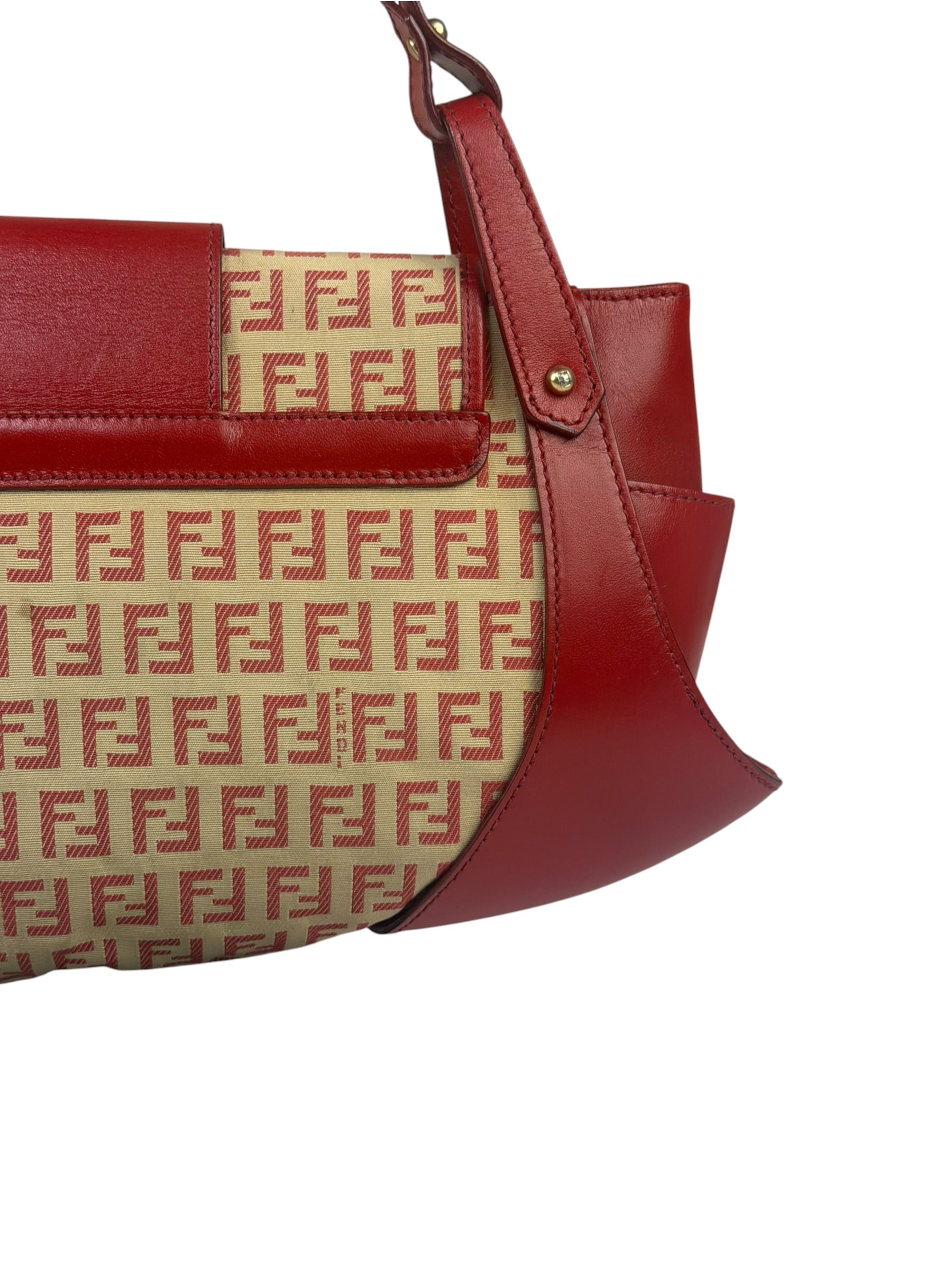 Fendi Red Leather Trim Zucca Compliation Shoulder Bag