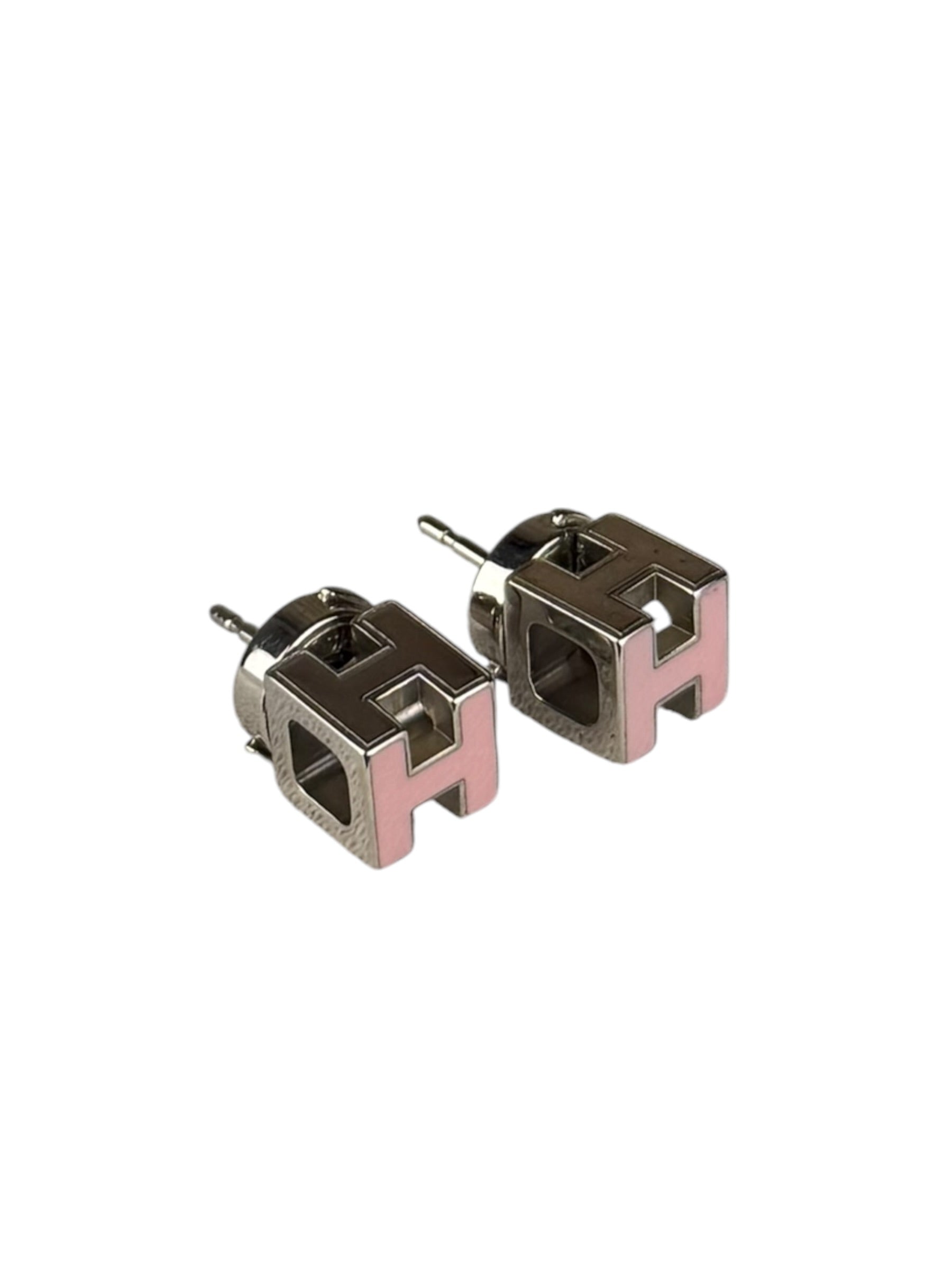Hermes Silver Pink H Studded Earrings