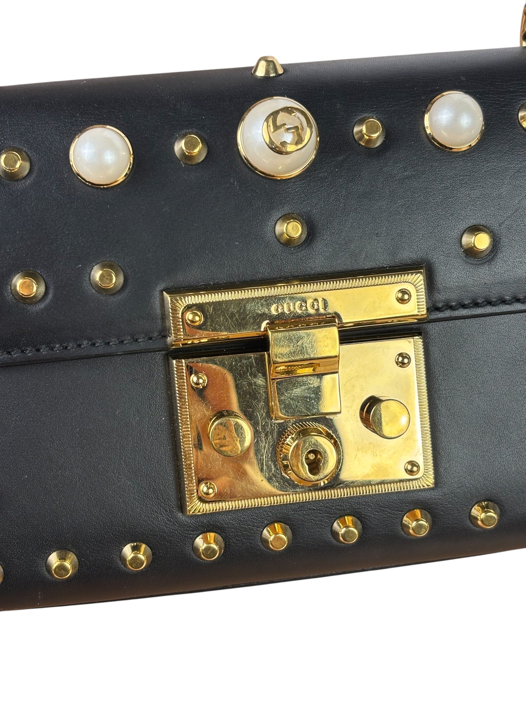 Gucci Small Pearl Studded Leather Padlock Crossbody Black