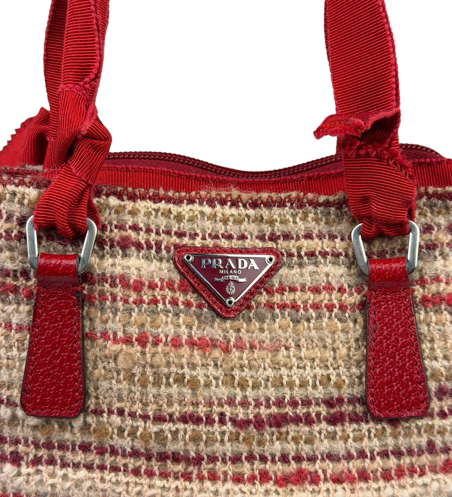 Prada Vintage Multicolor Tweed/Leather Trim Flat Tote Bag