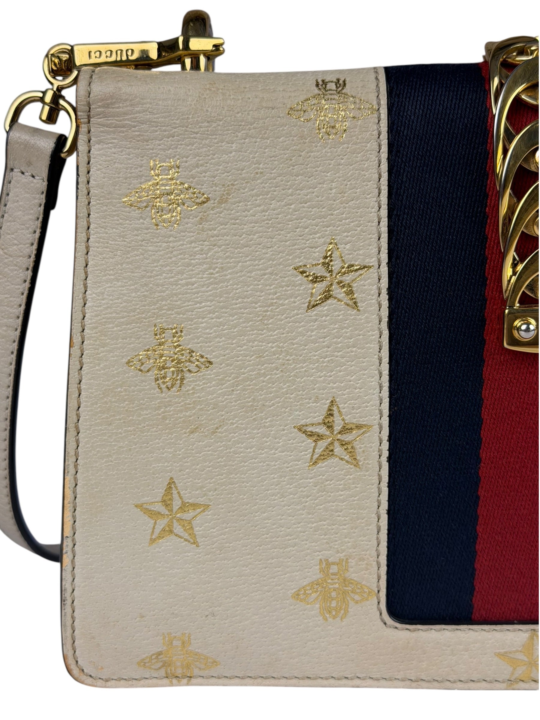 Gucci Textured Calfskin Bee Star Sylvie Shoulder Bag White