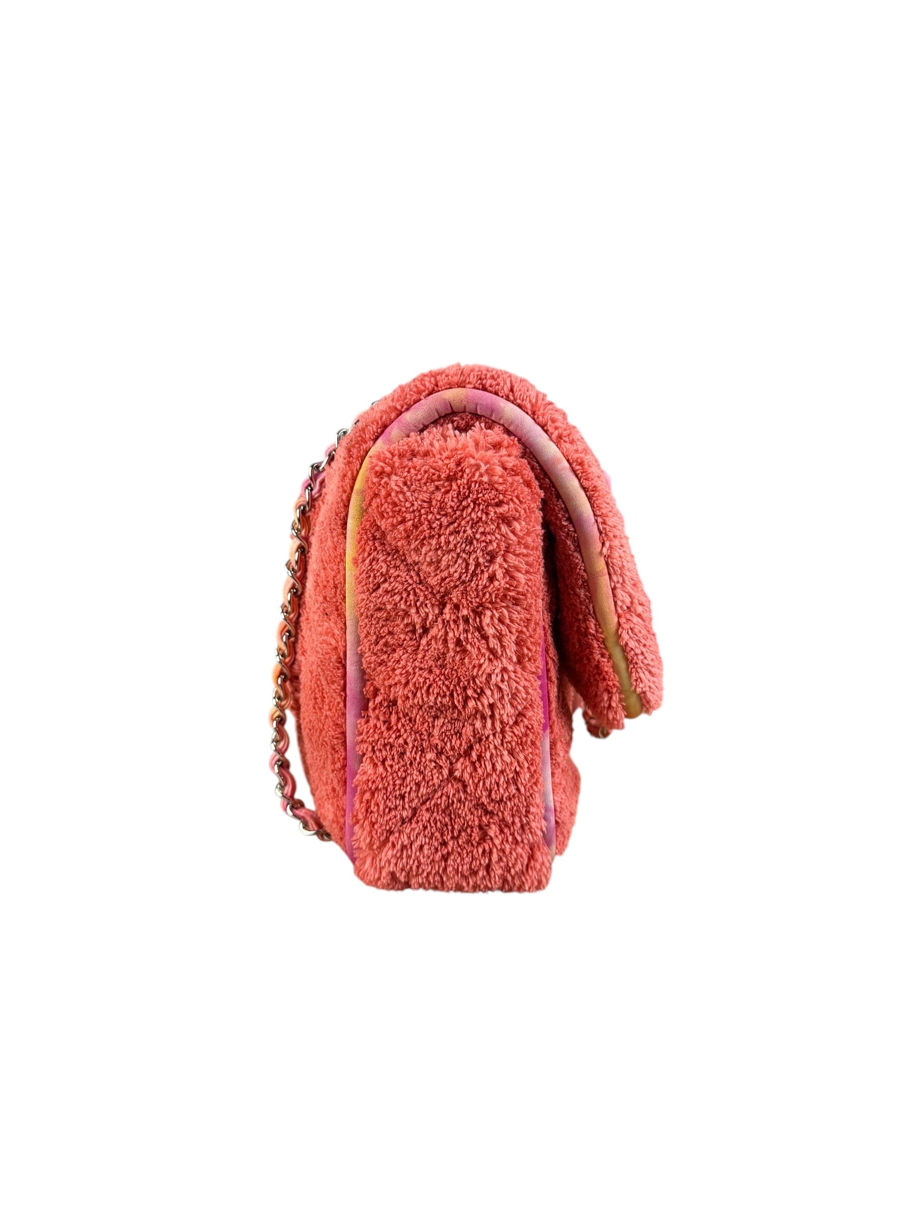 Chanel Coral Terry Cloth Quilted Jumbo Single Flap Shoulder Bag2020
