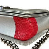 Chanel CC Silver Lambskin Quilted Boy Bag Red Stingray 2012
