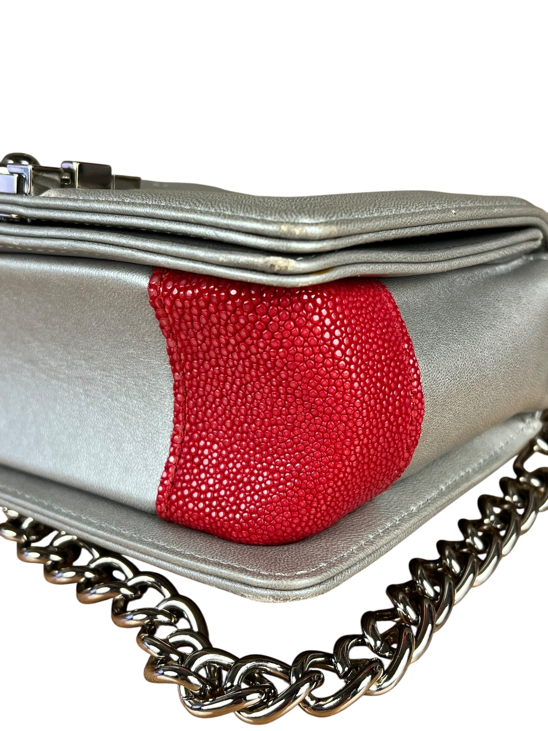 Chanel CC Silver Lambskin Quilted Boy Bag Red Stingray 2012