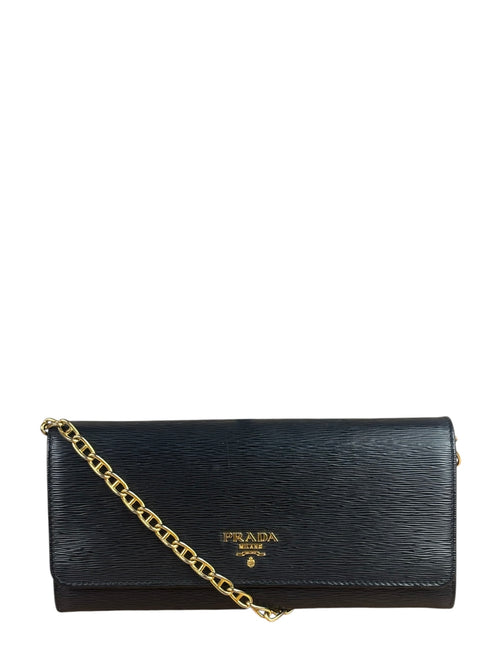 Prada Black Leather Flap Wallet On Chain