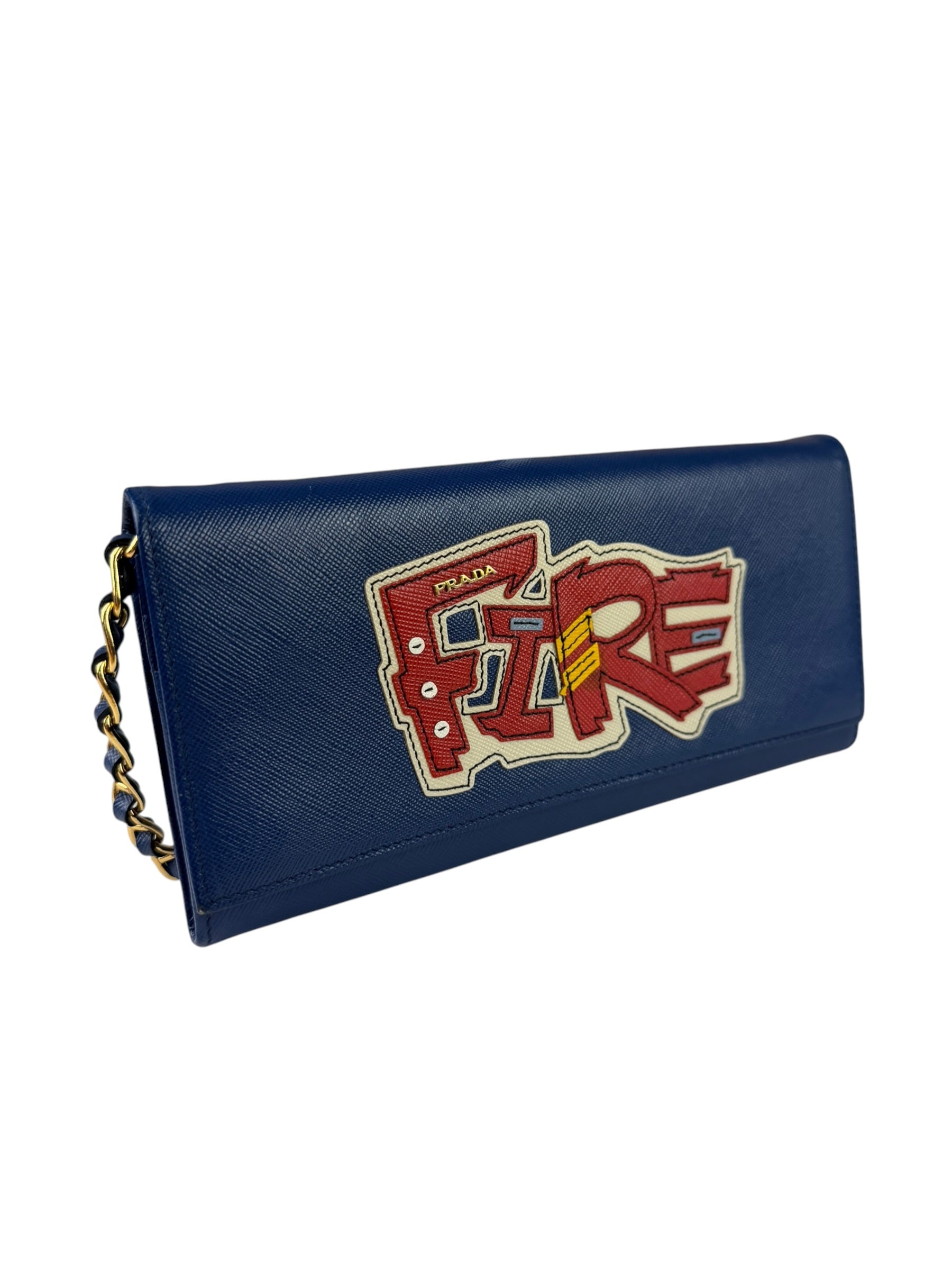Prada Blue Saffiano Leather Fire Flap Wallet On Chain