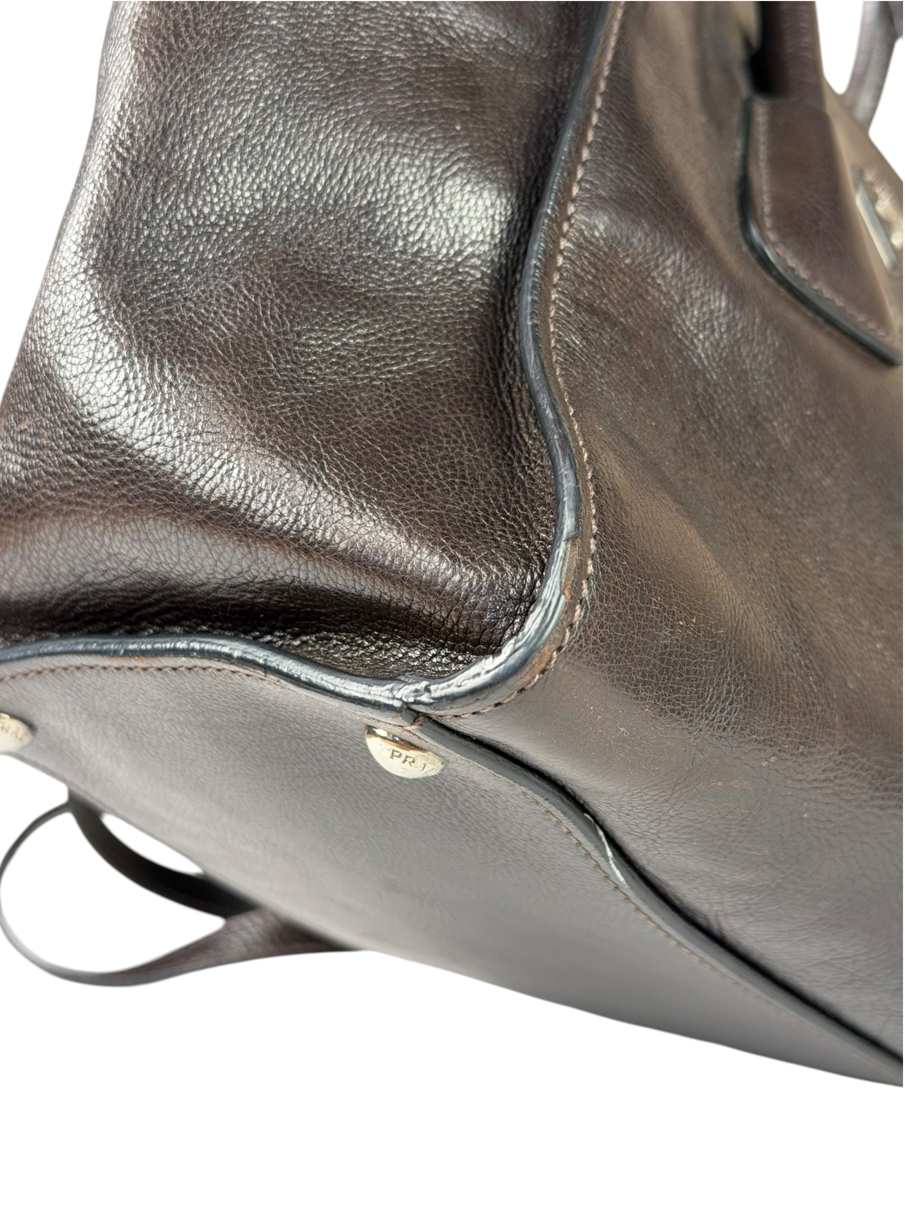 Prada Dark Brown Calf Leather Glace Twin-Pocket Tote