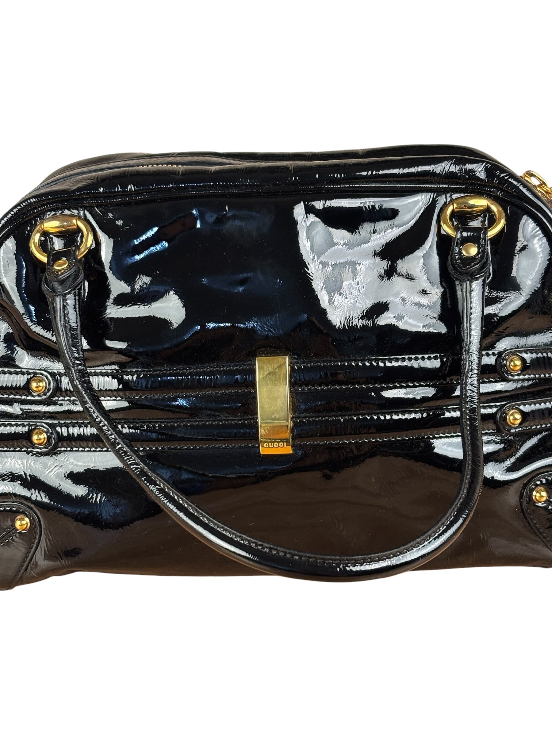 Gucci Black Patent Leather Horsebit Wave Shoulder Bag