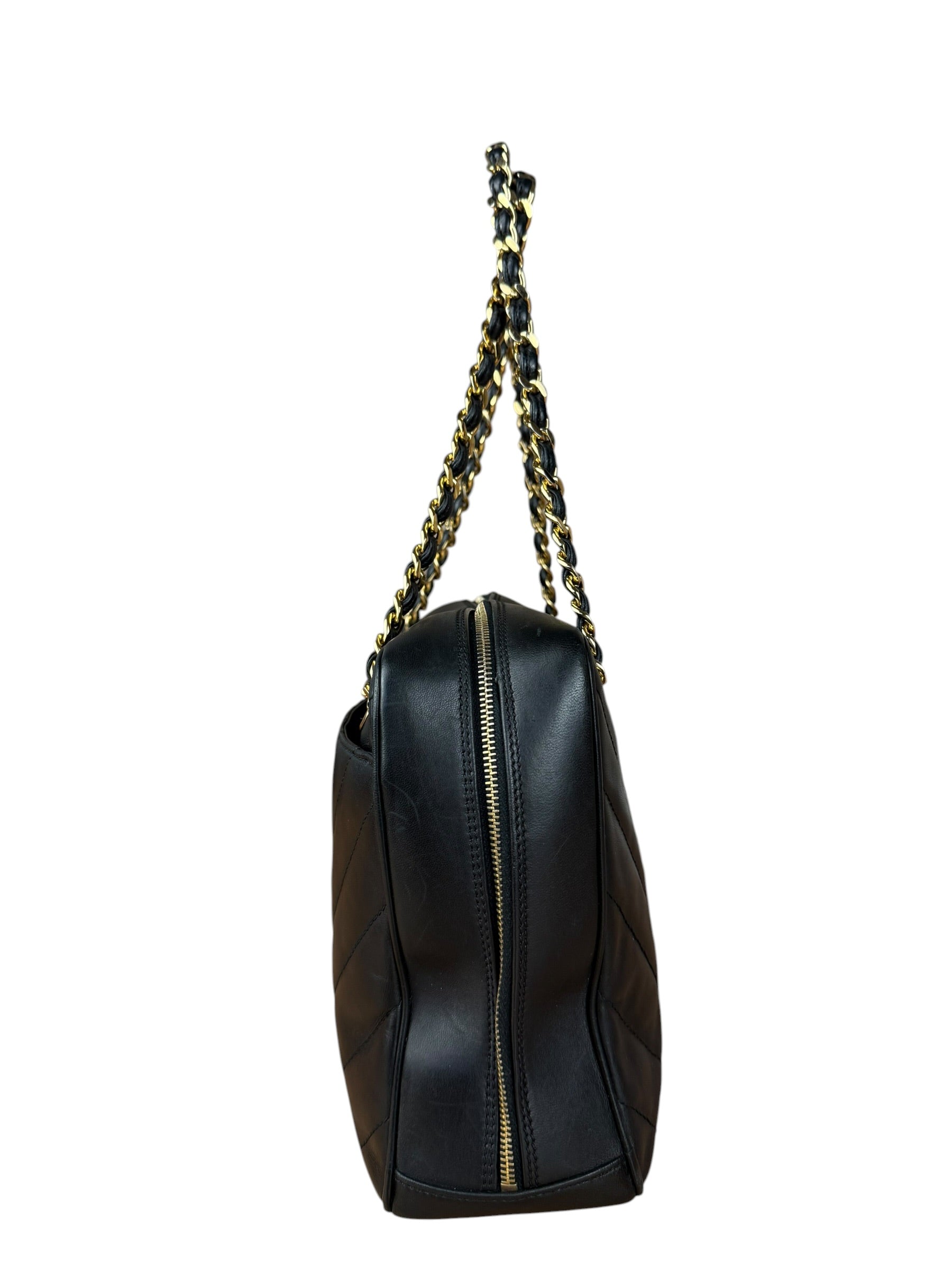 Chanel Black Chevron Leather Chain Camera Shoulder Bag 2000-2002