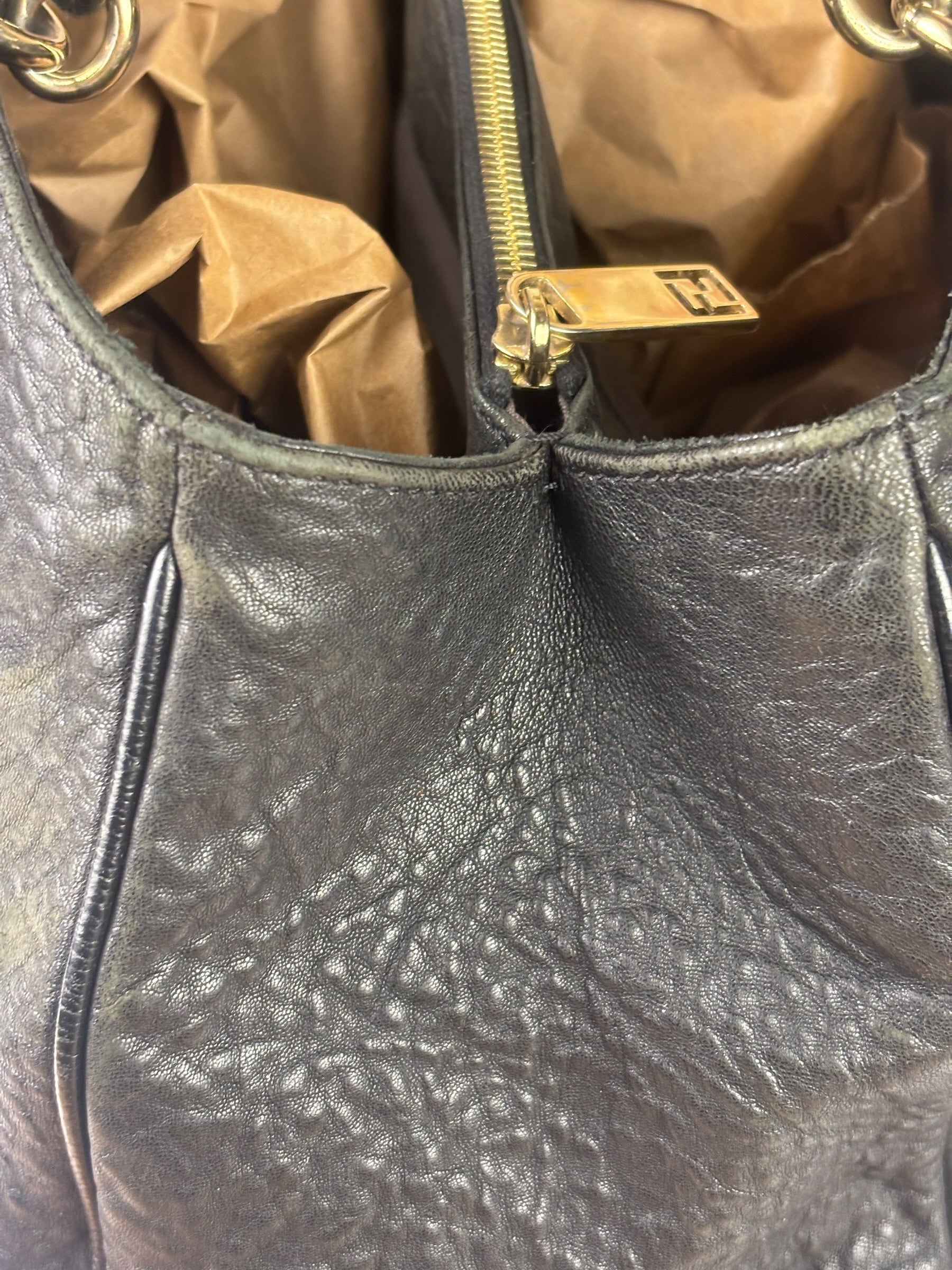 Fendi Vintage Black Leather Mia Chain Tote