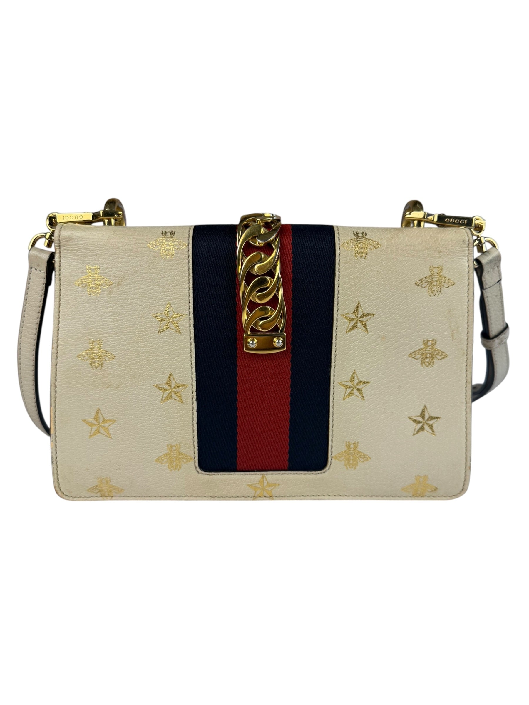 Gucci Textured Calfskin Bee Star Sylvie Shoulder Bag White
