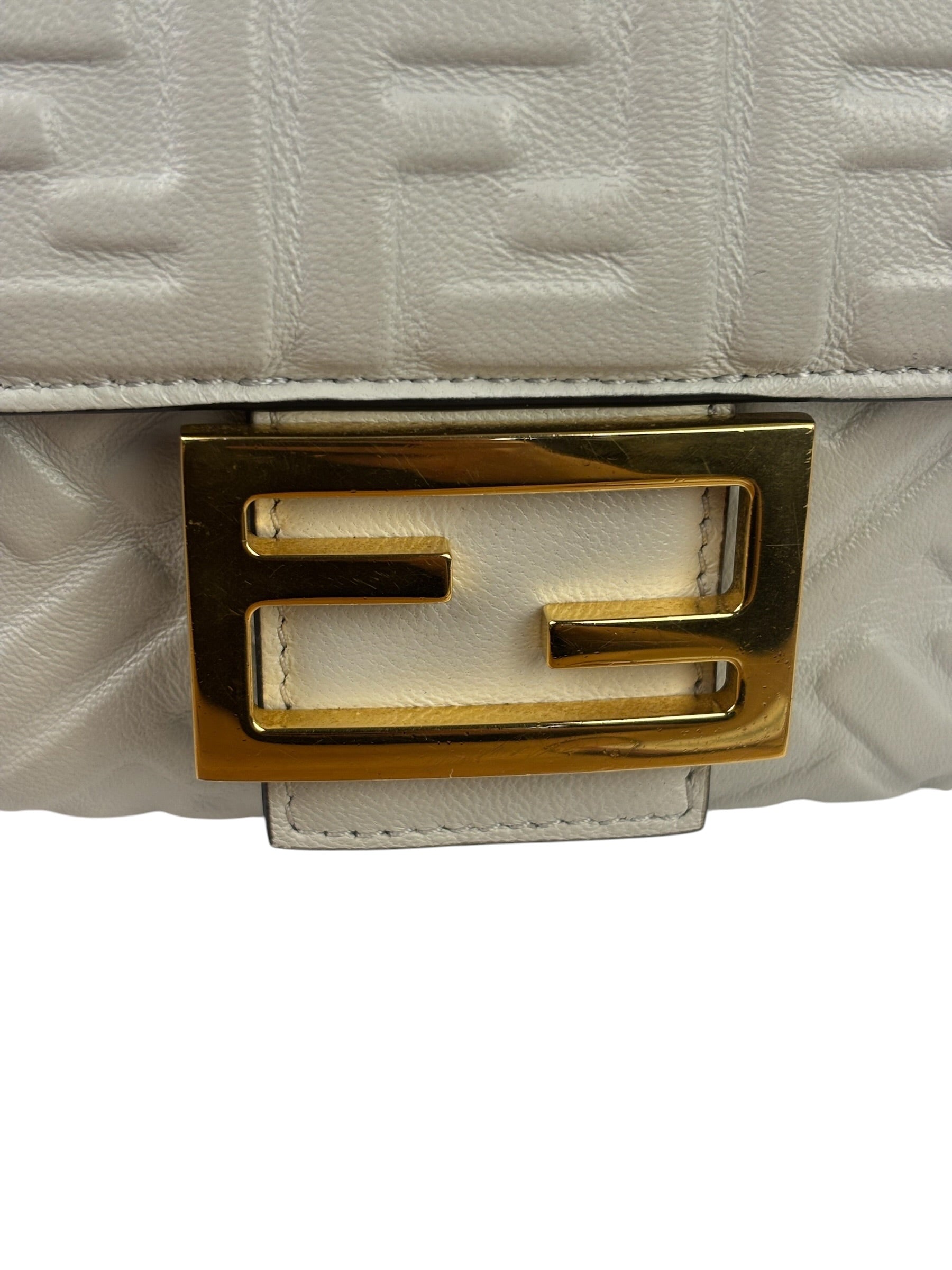 Fendi White Leather FF Flap Baguette