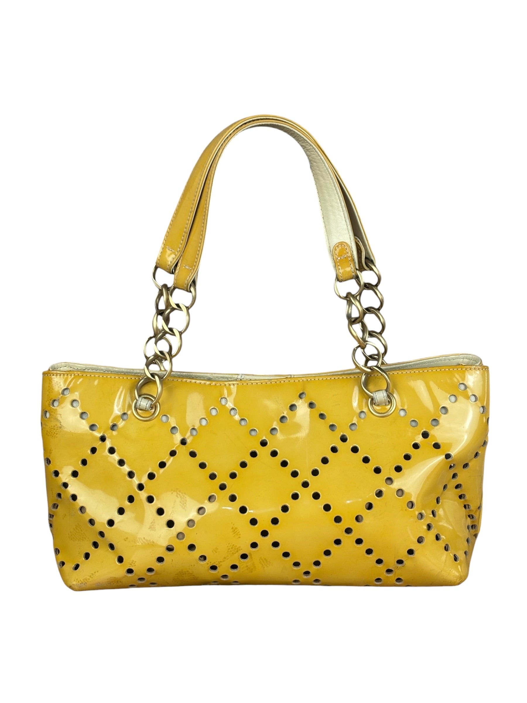 Chanel Vintage Yellow Patent Leather Perforated Tote Bag 1987