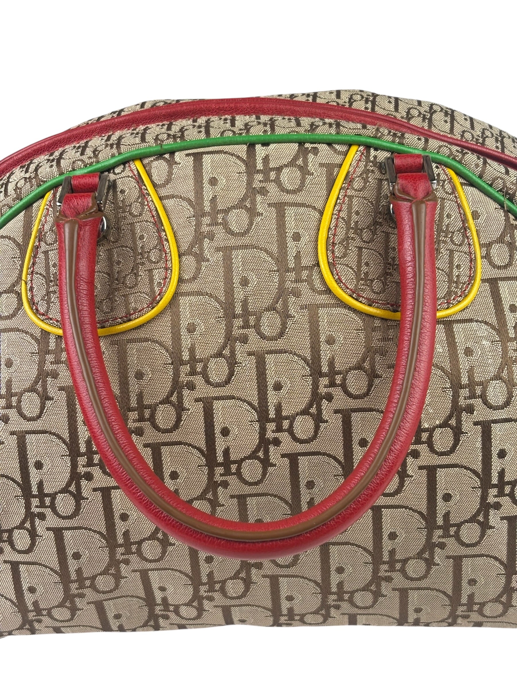 Christian Dior Vintage Beige/Brown Leather Trim Rasta Bowler Bag