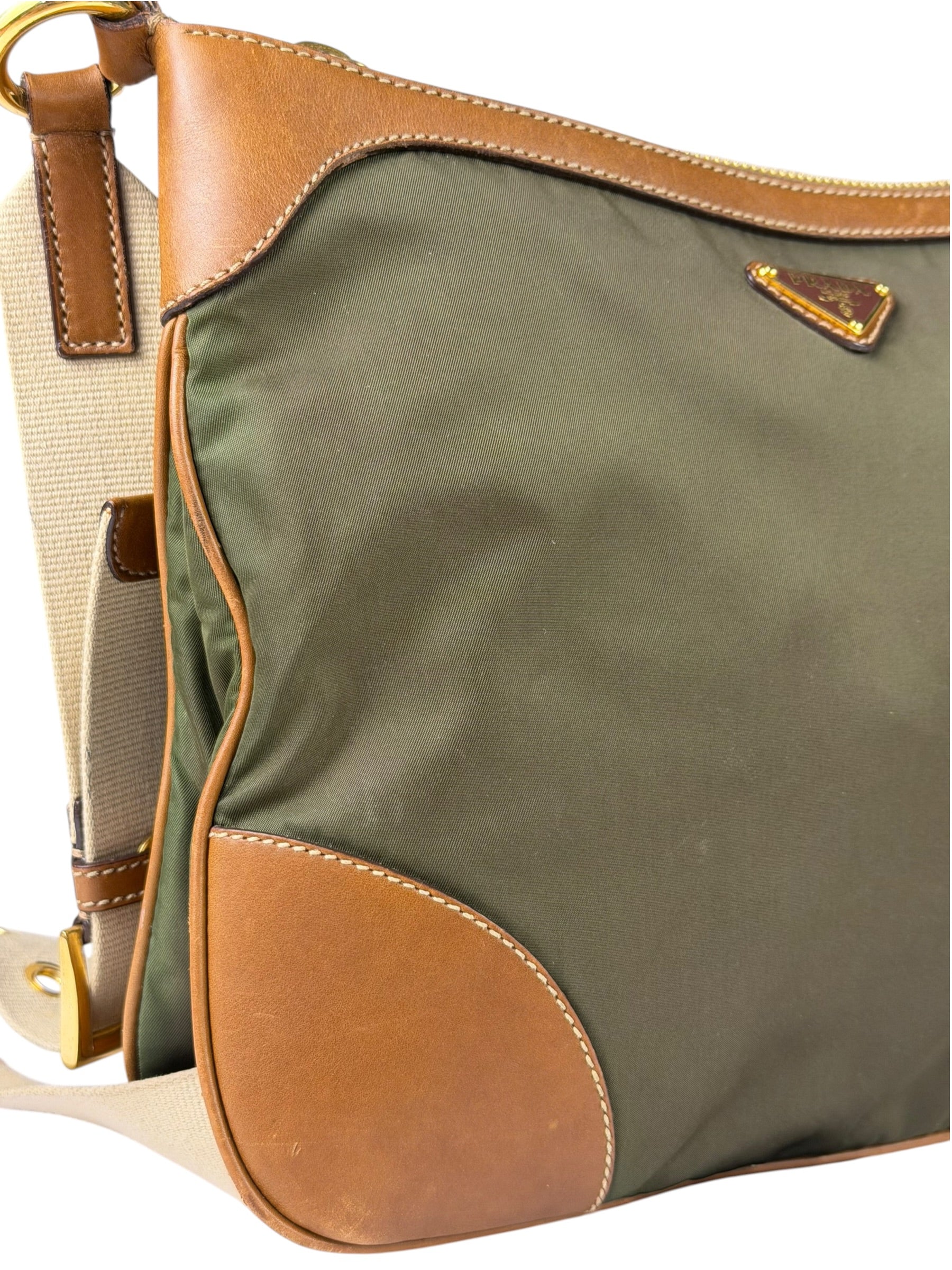 Prada Green/Brown Nylon/Leather Trim Crossbody Bag
