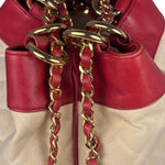 Chanel Vintage Beige/Red Leather Trim Drawstring Bucket Bag 1989