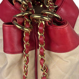 Chanel Vintage Beige/Red Leather Trim Drawstring Bucket Bag 1989
