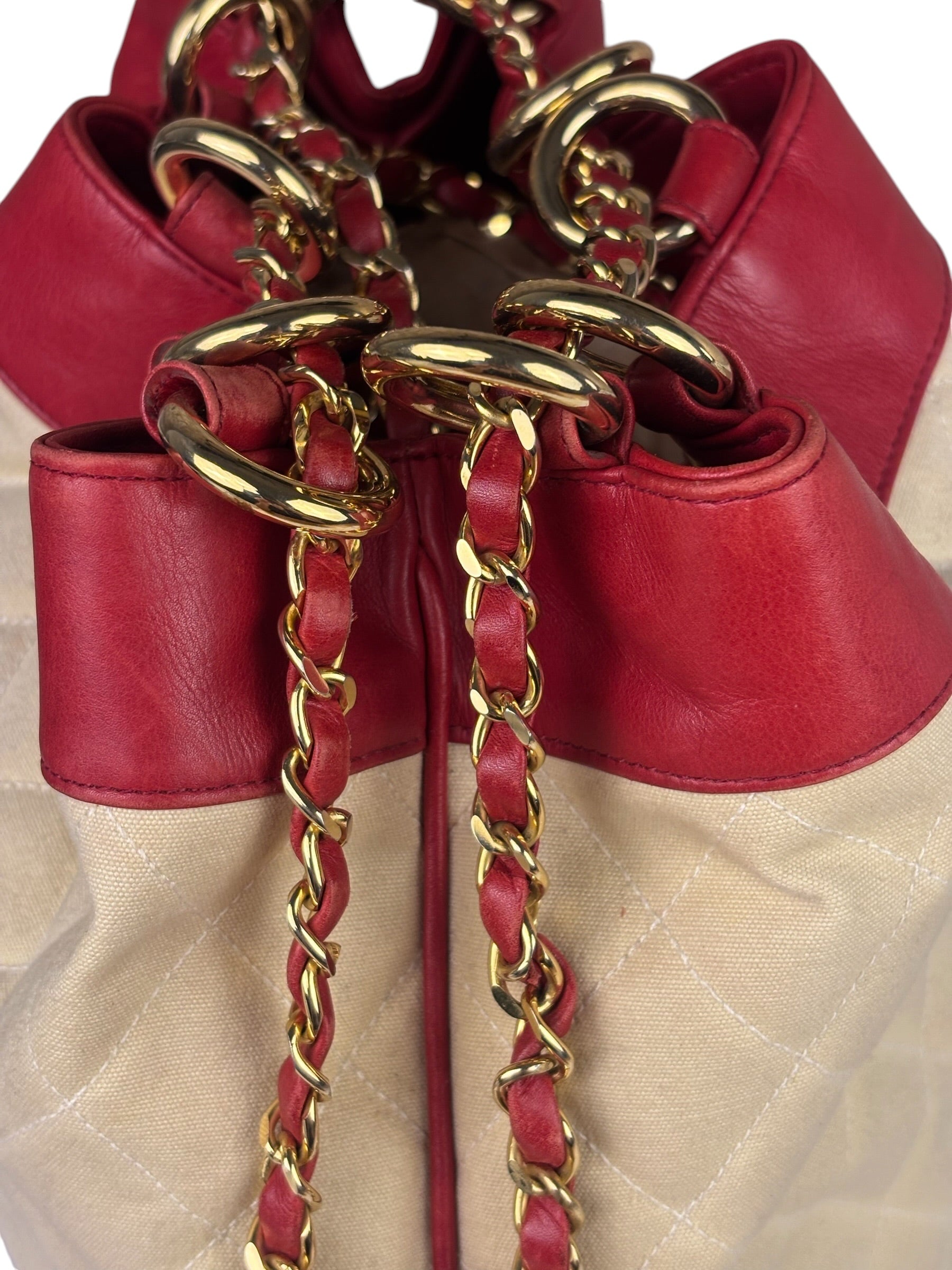 Chanel Vintage Beige/Red Leather Trim Drawstring Bucket Bag 1989