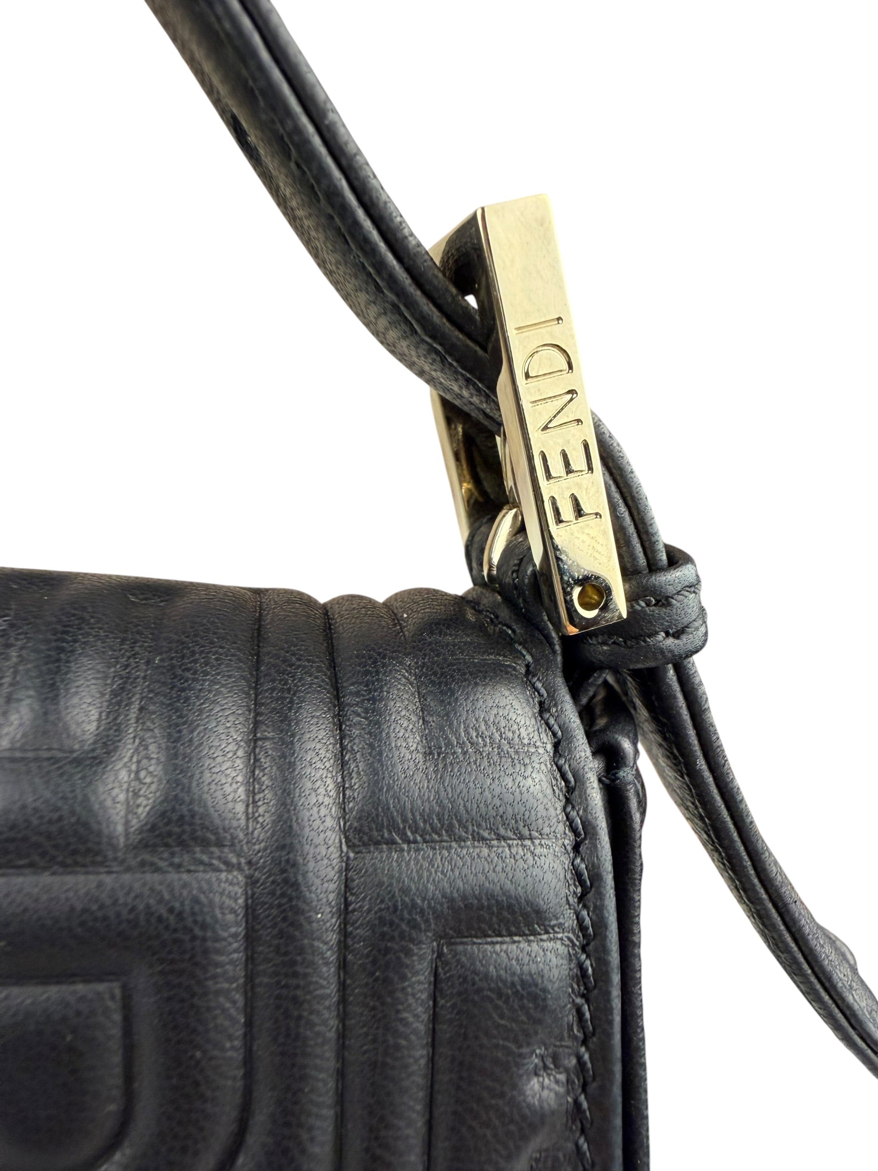 Fendi Black Leather 3D Logo Embossed Baguette