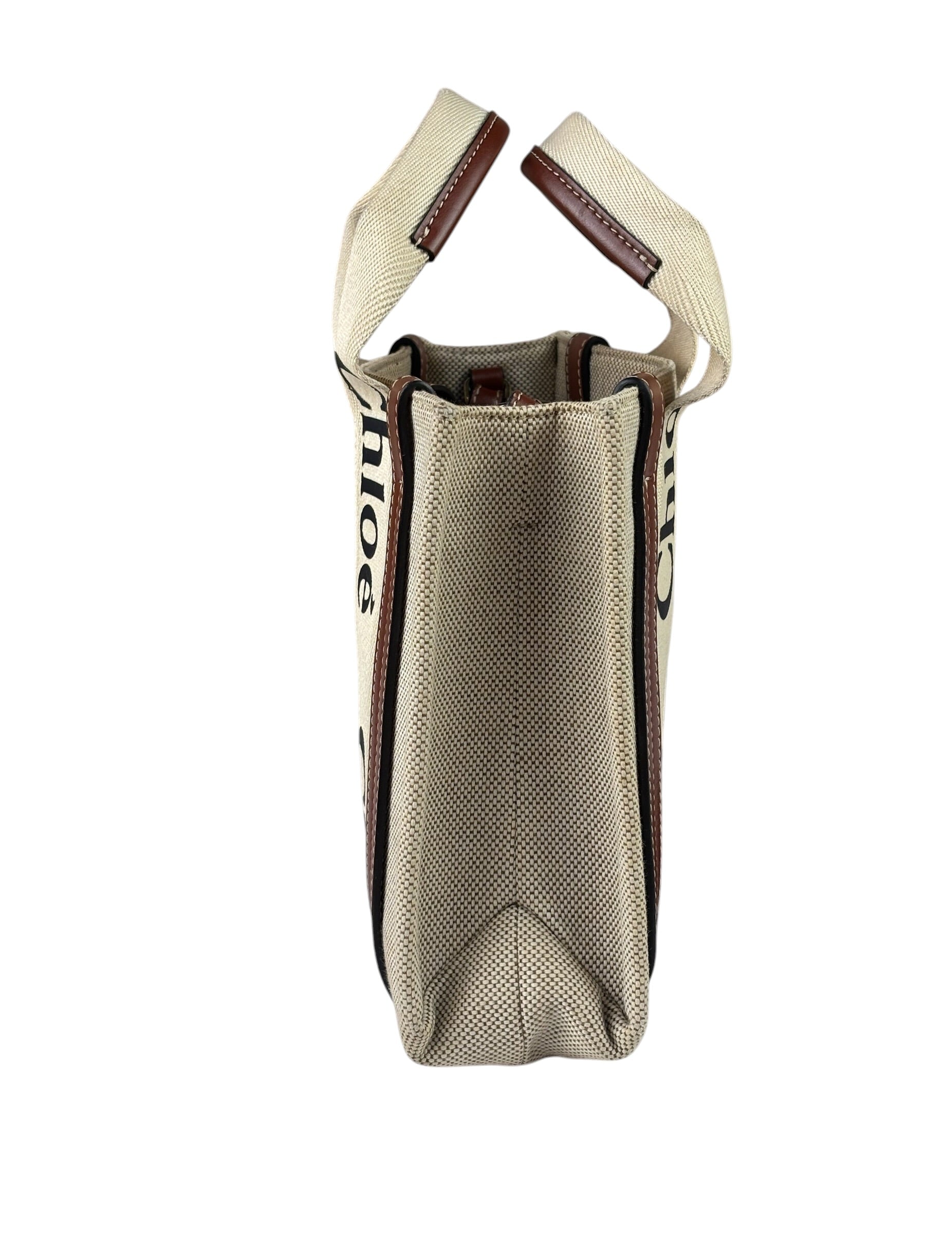 Chloe Beige/Brown Leather Trim Small Woody Two-Way Tote