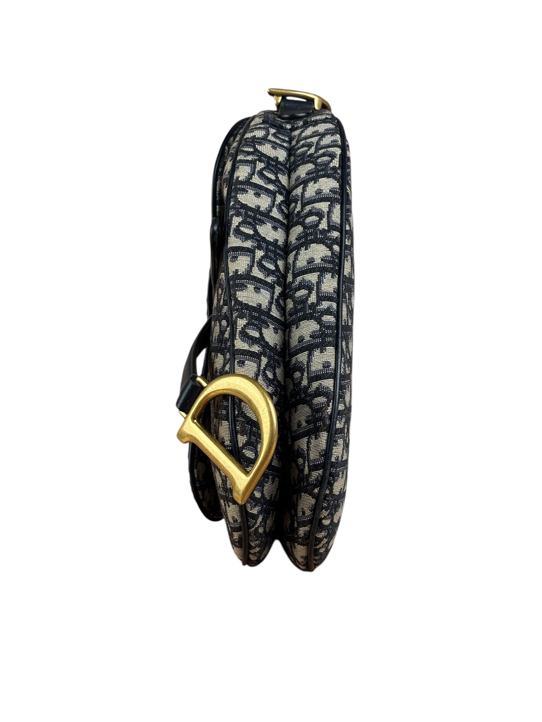 Christian Dior Navy Leather Trim Trotter Saddle Two-Way Bag