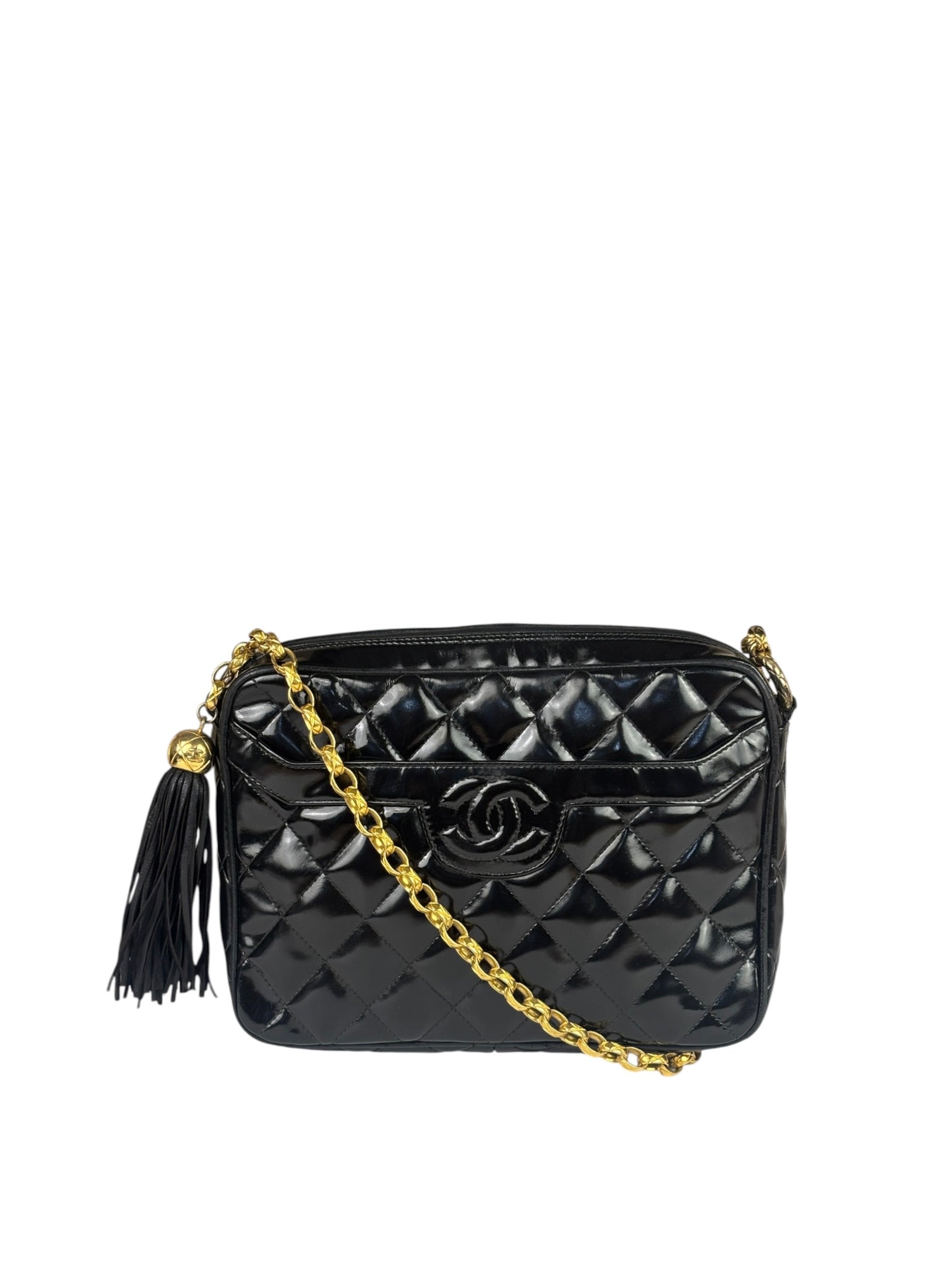 Chanel Black Quilted Patent Leather Camera Bag 1989