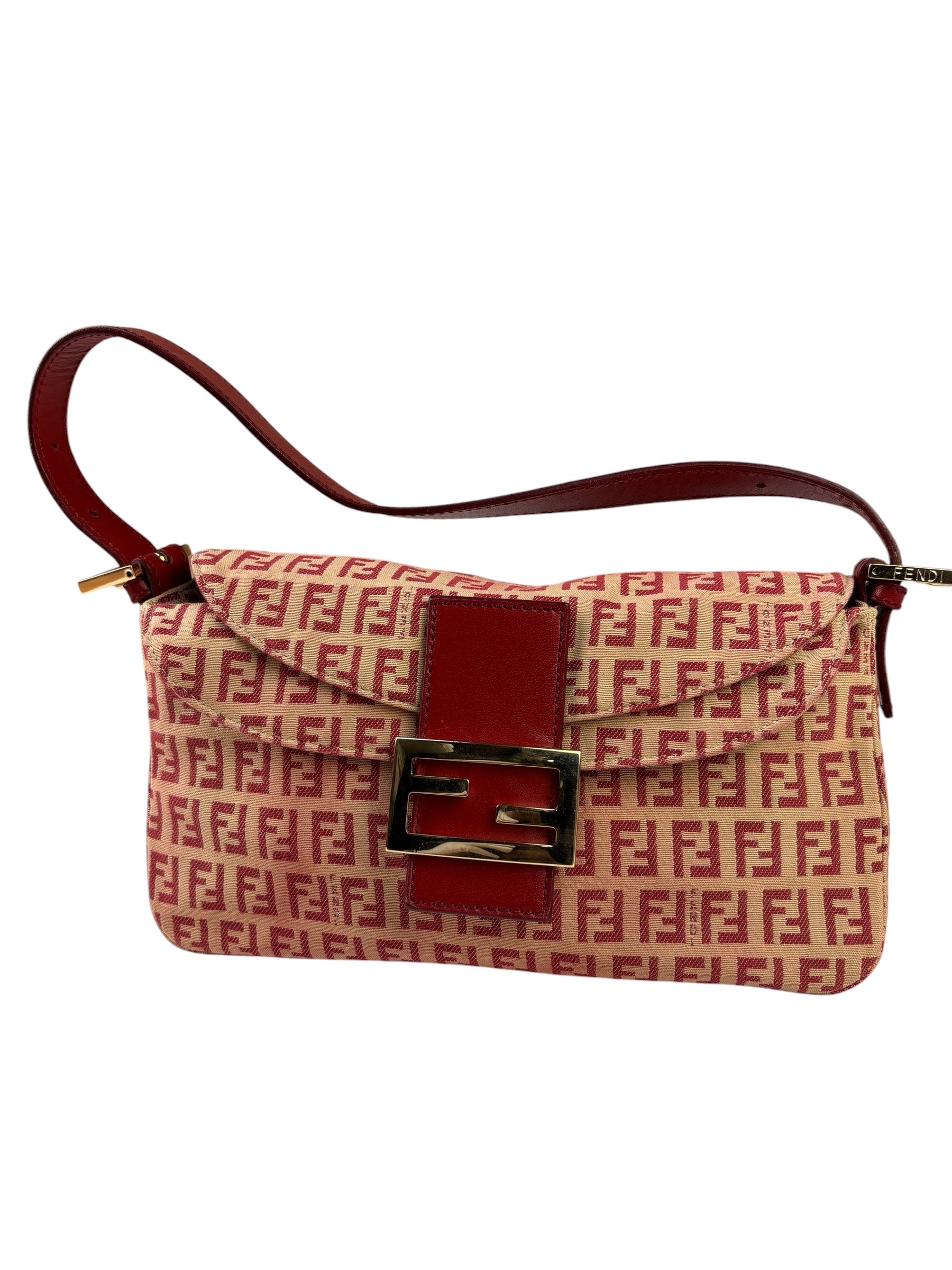 Fendi Red Leather Trim Zucca Baguette