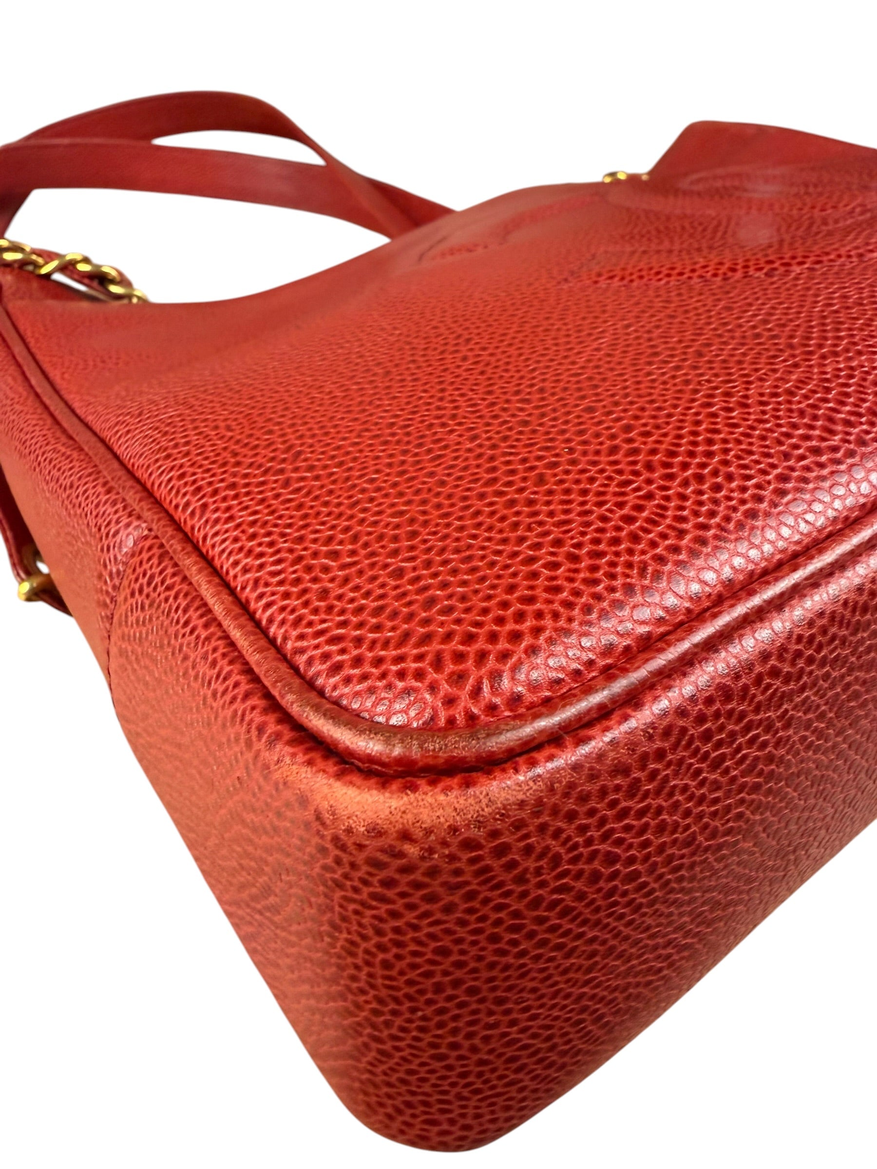 Chanel Red Caviar Leather CC Logo Tote Bag