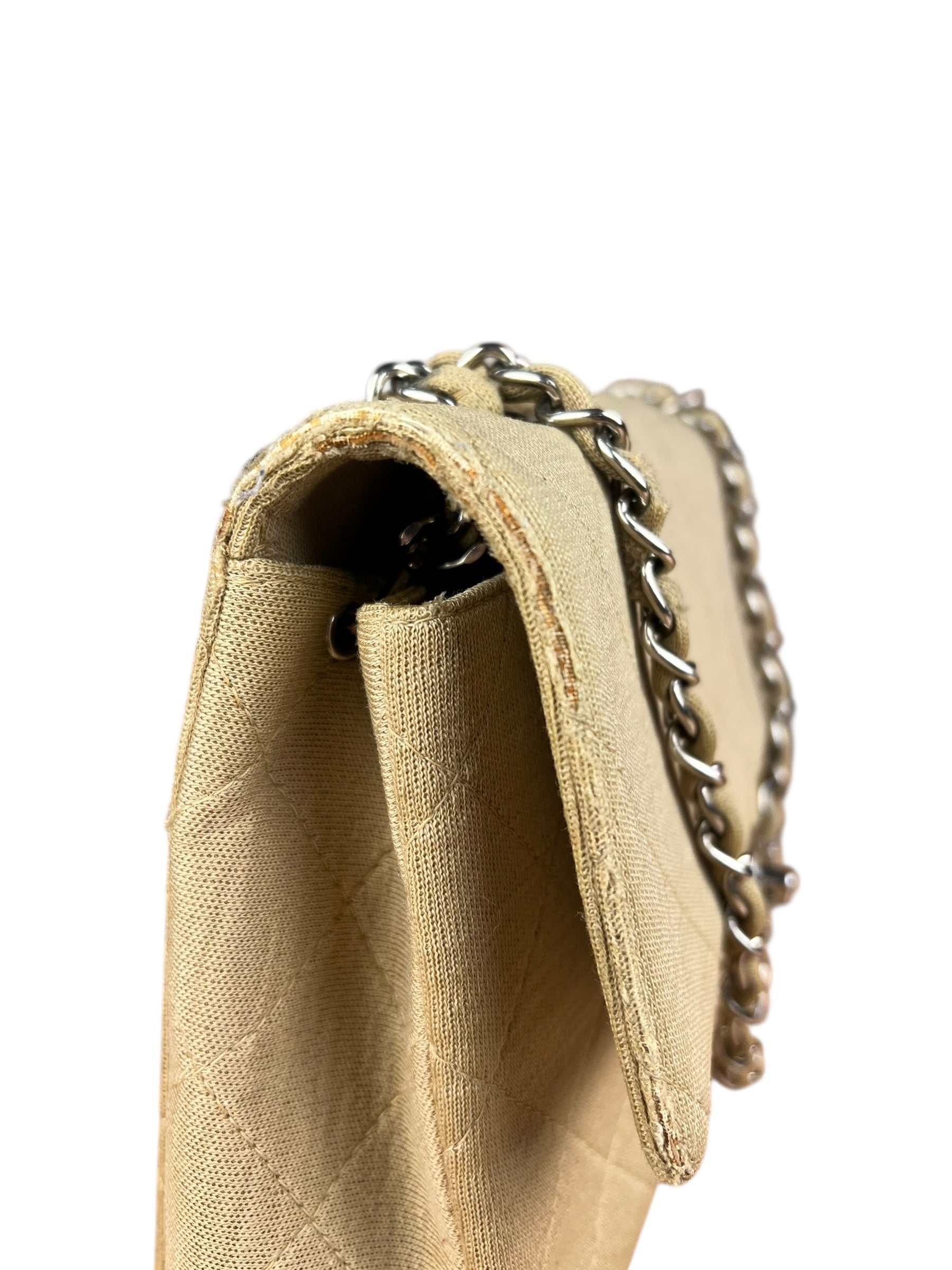 Chanel Vintage Beige Jersey Quilted Classic Flap Bag