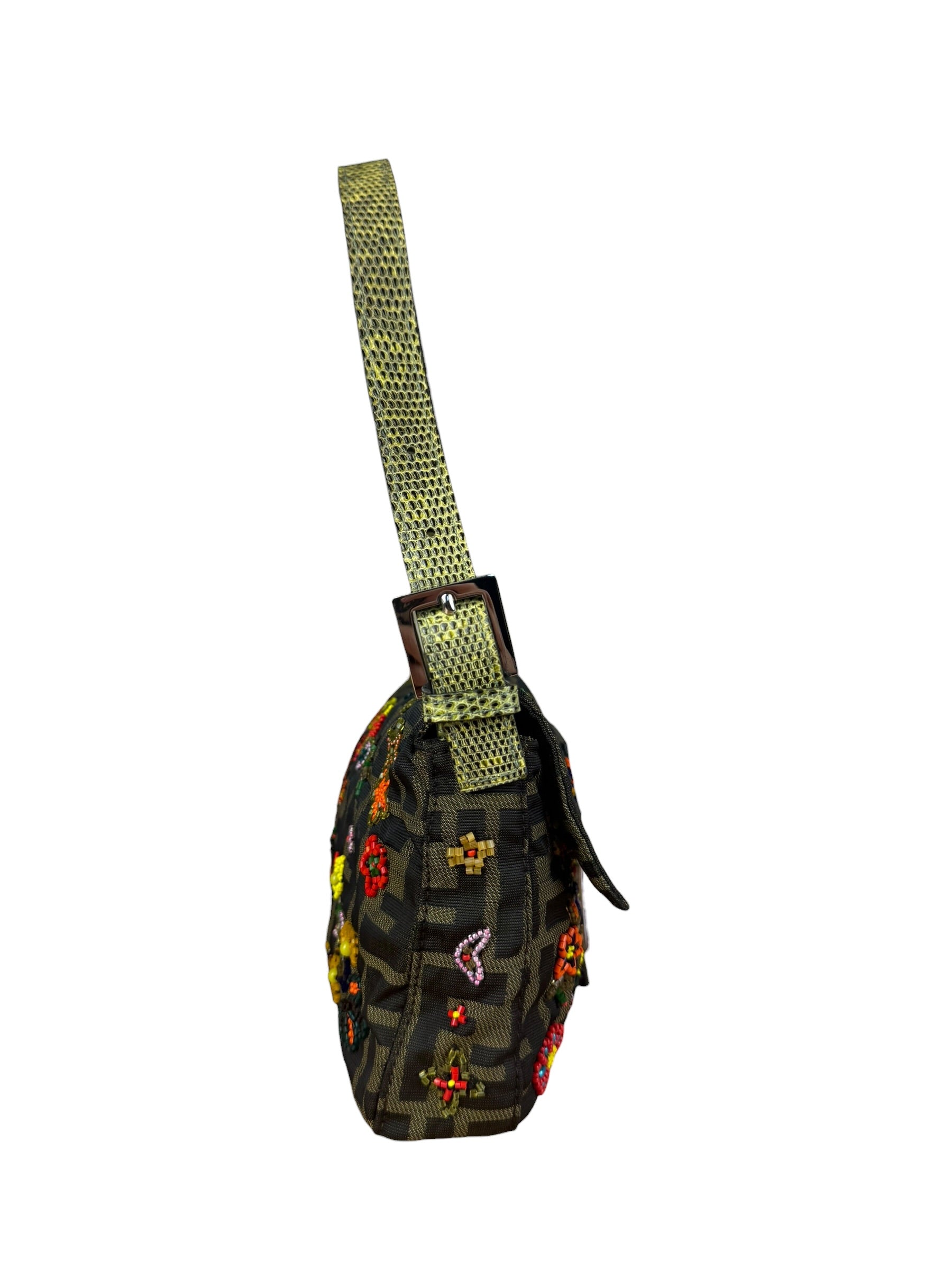 Fendi Vintage Zucca Beaded Lizard Trimmed Baguette