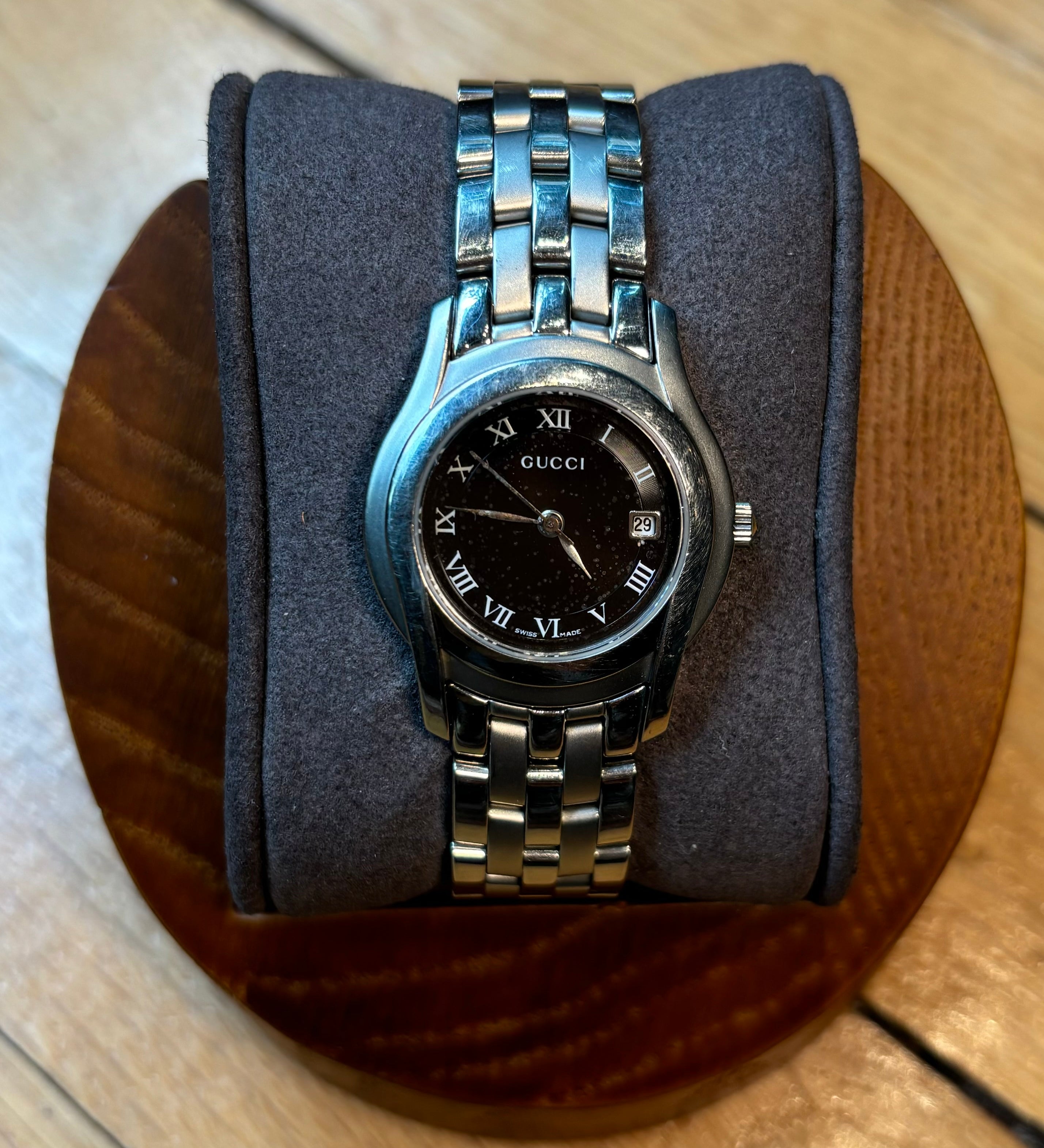 Gucci Stainless Steel Link Black Roman Numeral Dial