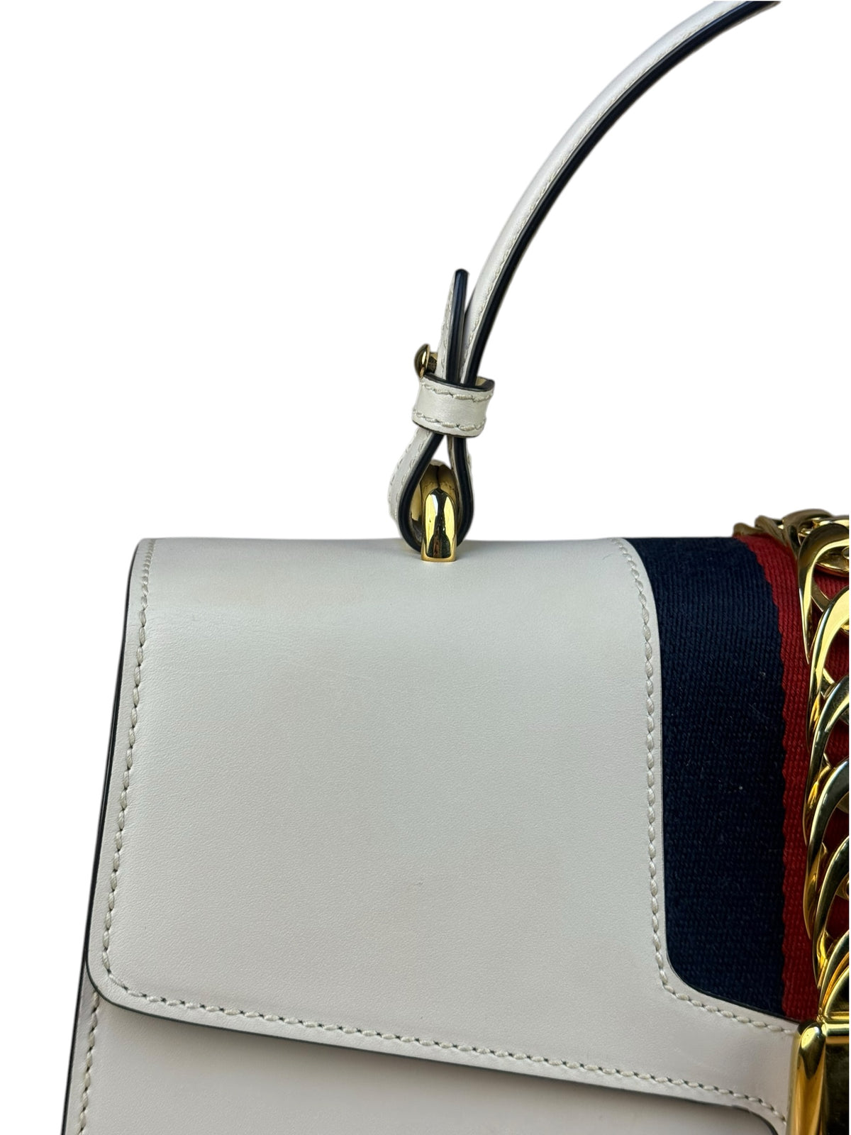 Gucci White Leather Sylvie Web Strap Top Handle