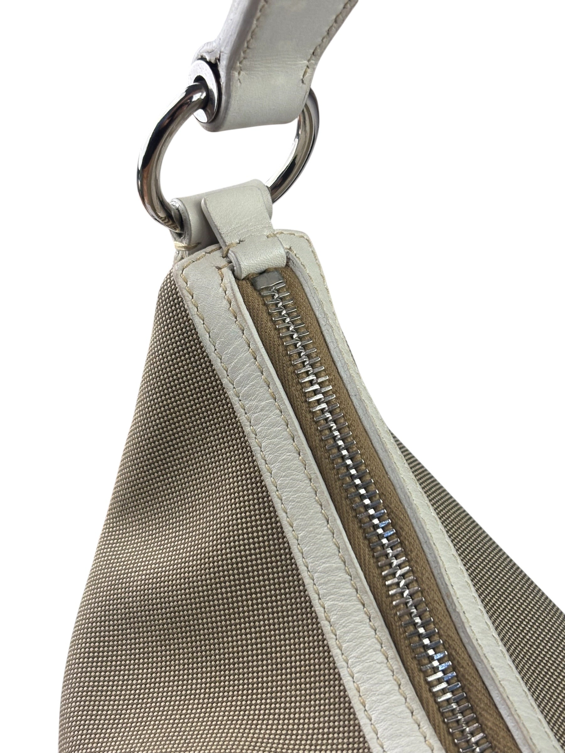 Prada Beige/Cream Leather Trim Logo Jacquard Hobo Bag