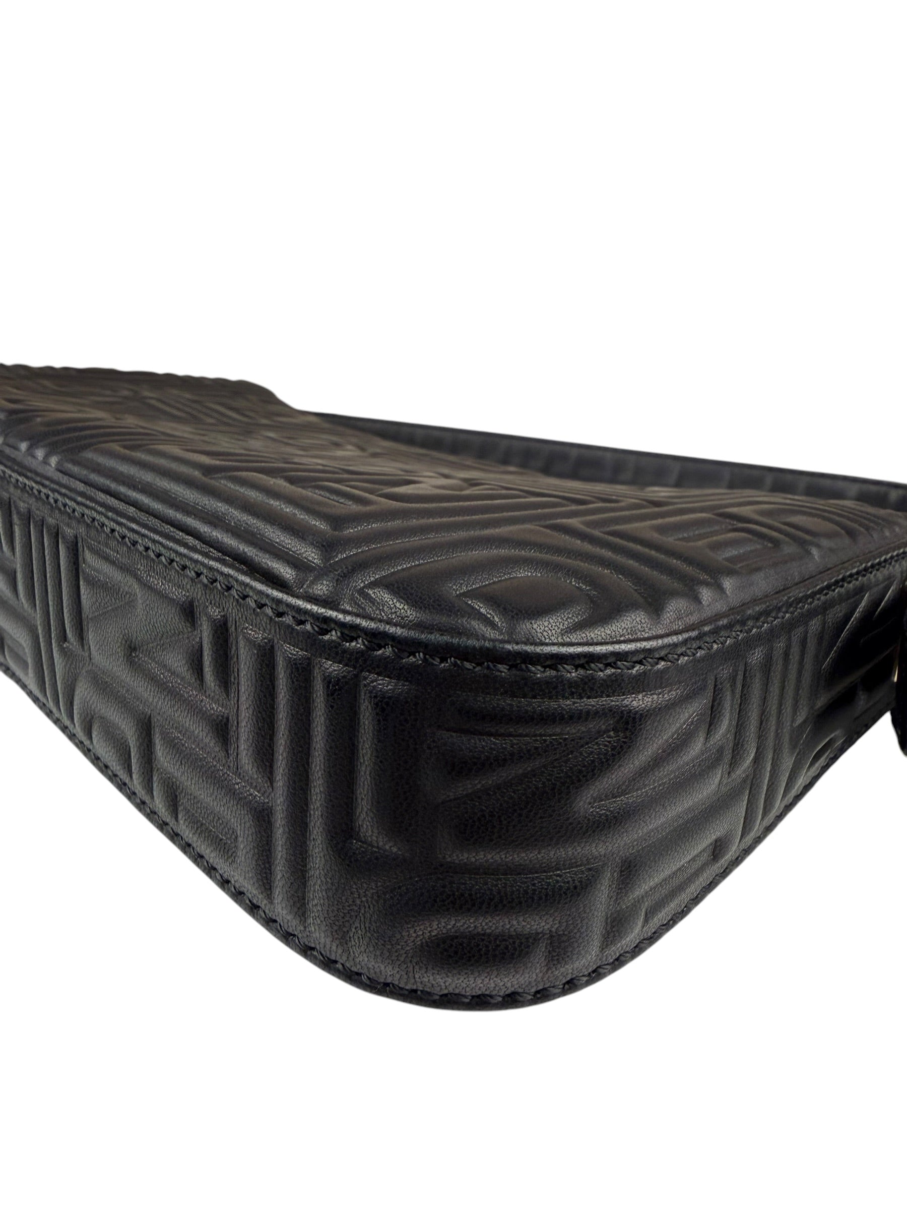 Fendi Black Leather 3D Logo Embossed Baguette