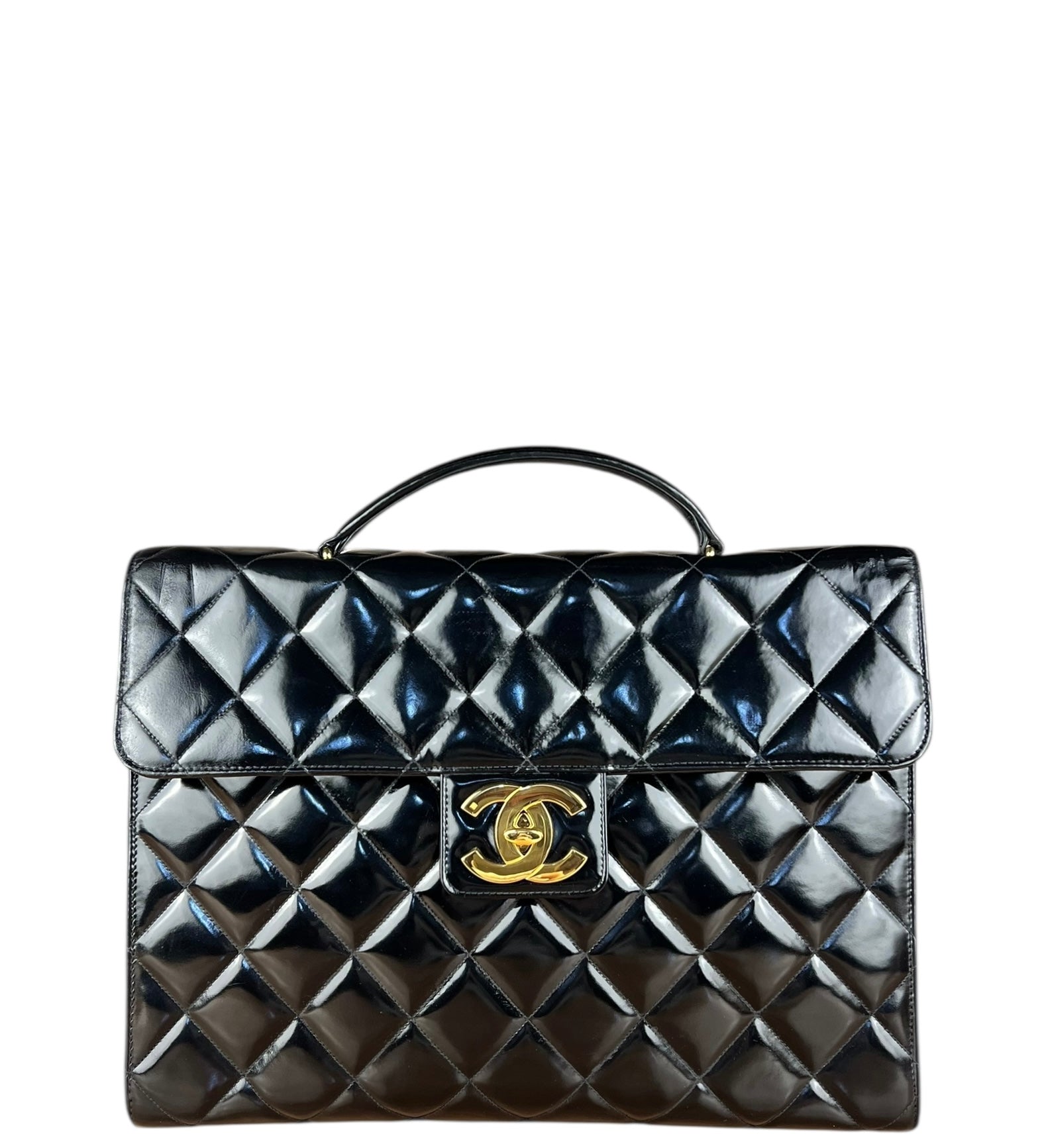 Chanel CC Black Patent Quilted Flap Briefcase Handbag '95