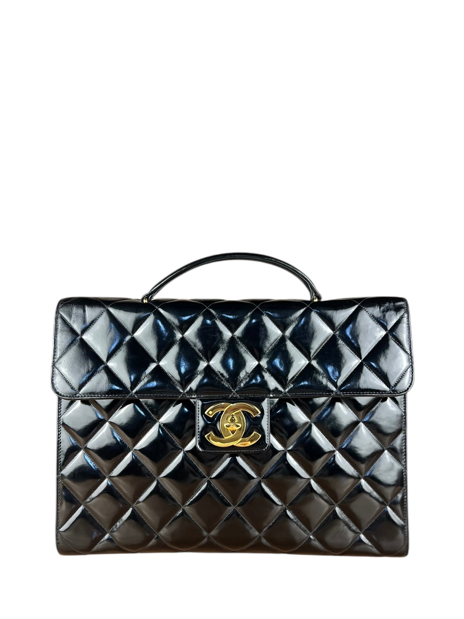Chanel CC Black Patent Quilted Flap Briefcase Handbag '95