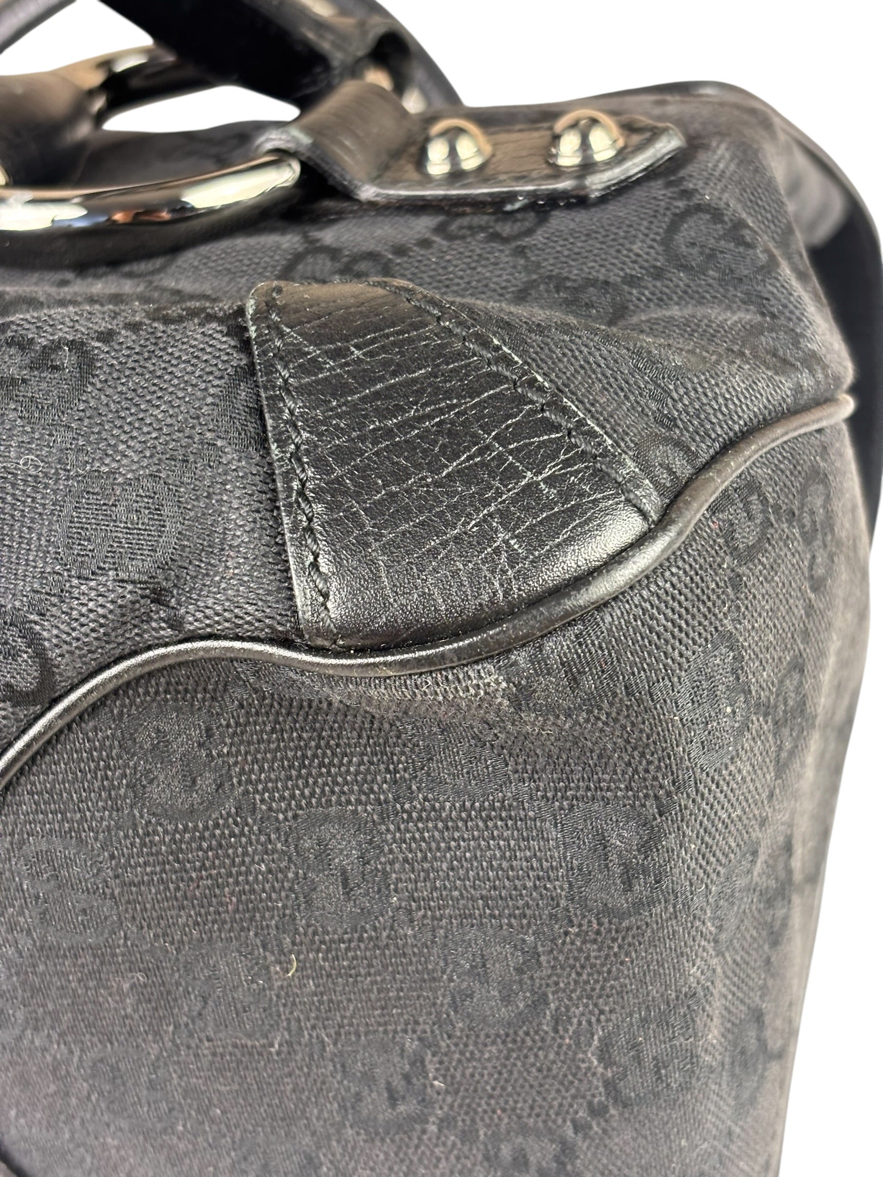 Gucci Black Leather Trim GG Horsebit Shoulder Bag
