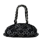 Chanel Black CC Jacquard Chain Silver Metallic Bowler Handbag 2005