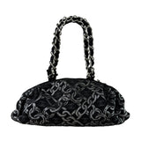 Chanel Black CC Jacquard Chain Silver Metallic Bowler Handbag 2005