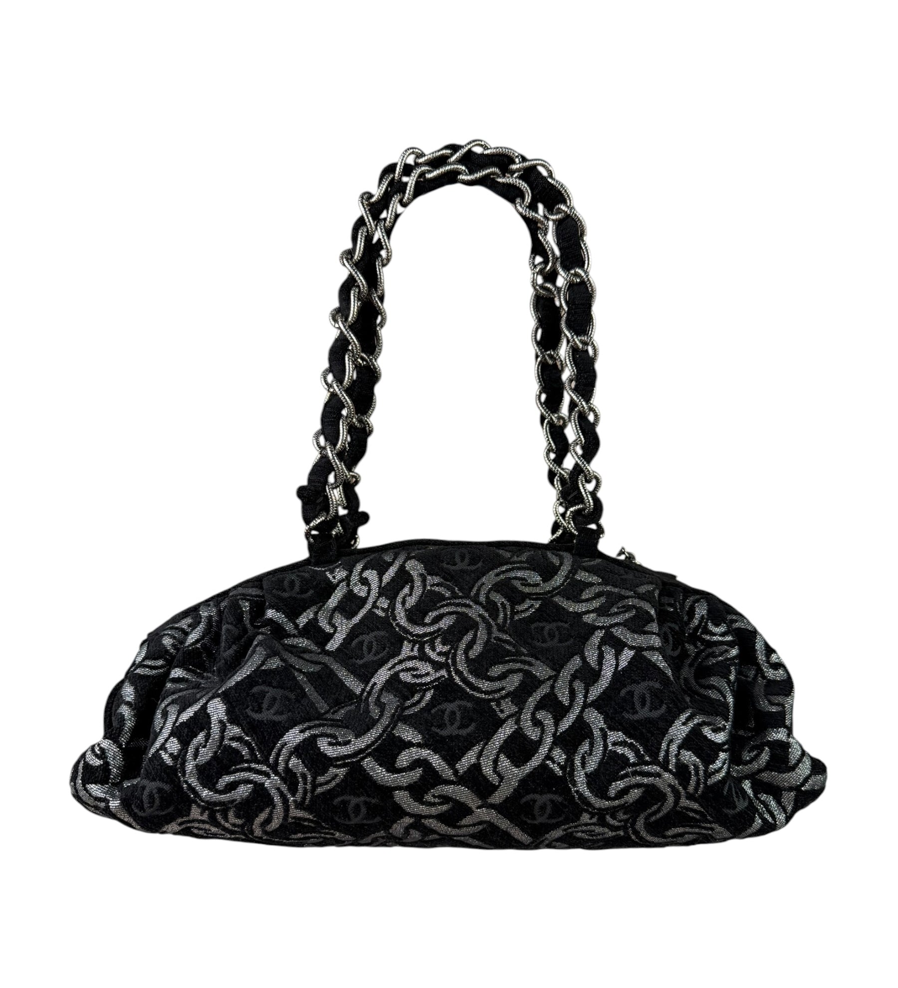 Chanel Black CC Jacquard Chain Silver Metallic Bowler Handbag 2005