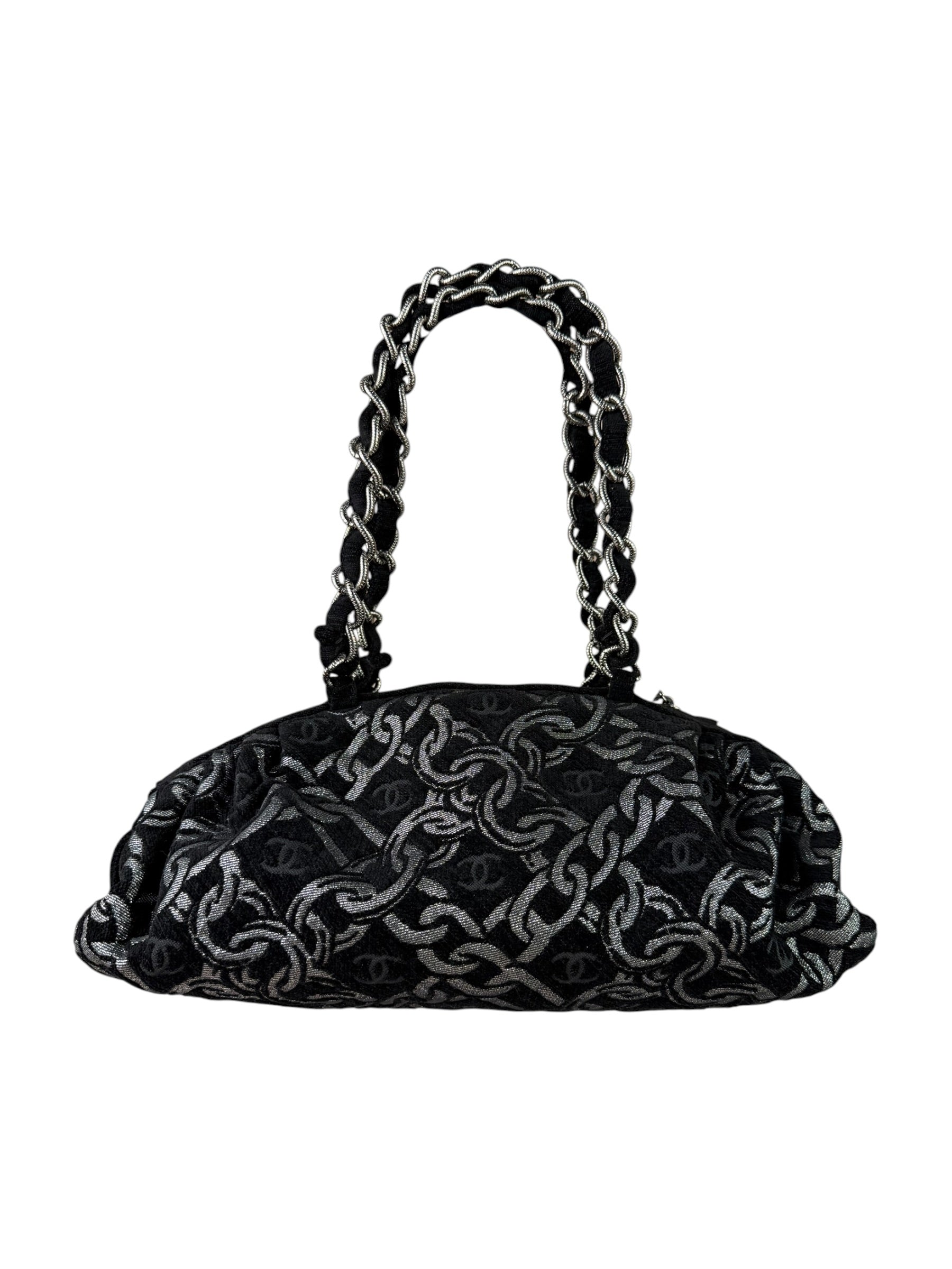 Chanel Black CC Jacquard Chain Silver Metallic Bowler Handbag 2005