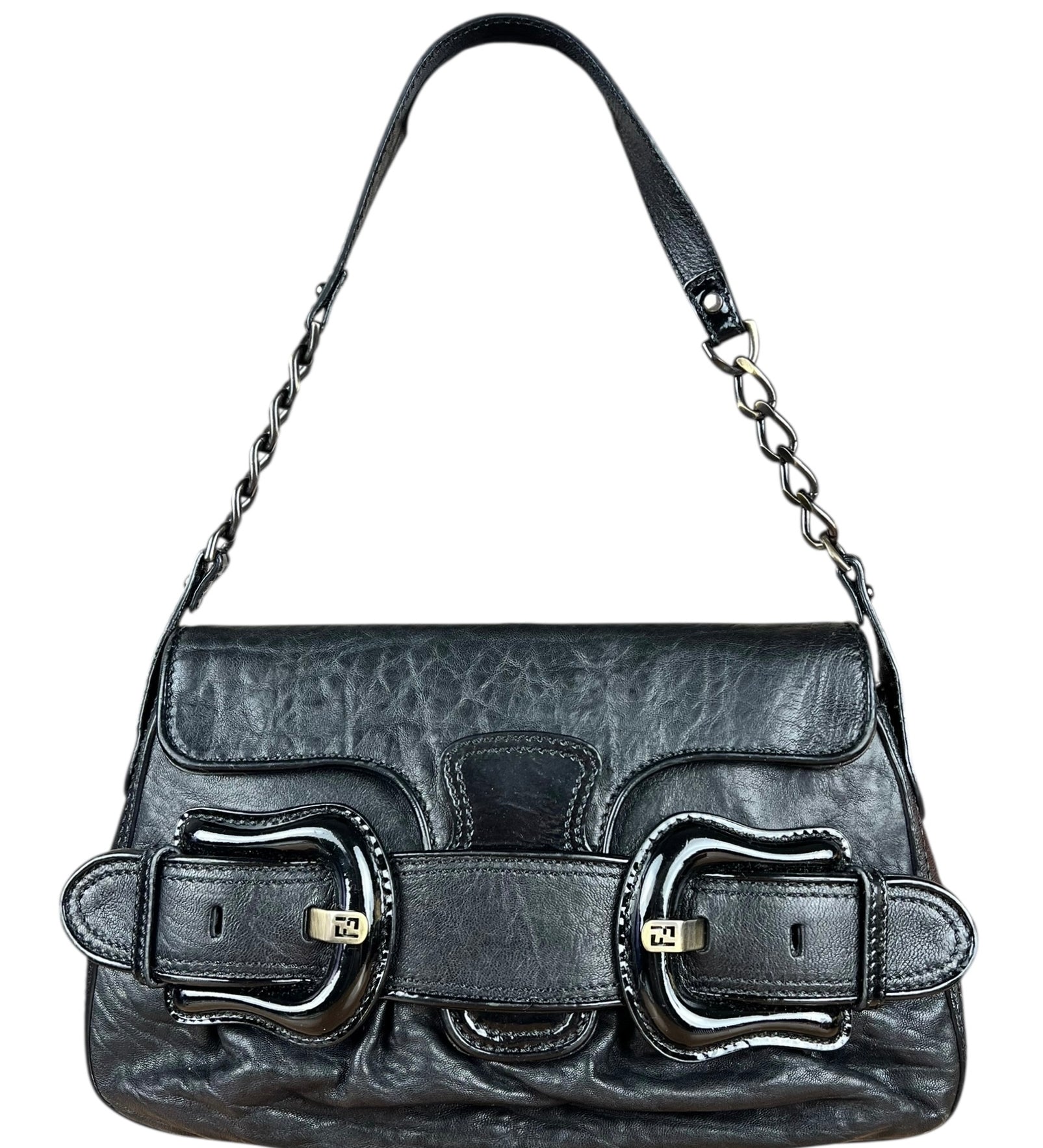 Fendi Black Patent Buckle Leather Shoulder Bag