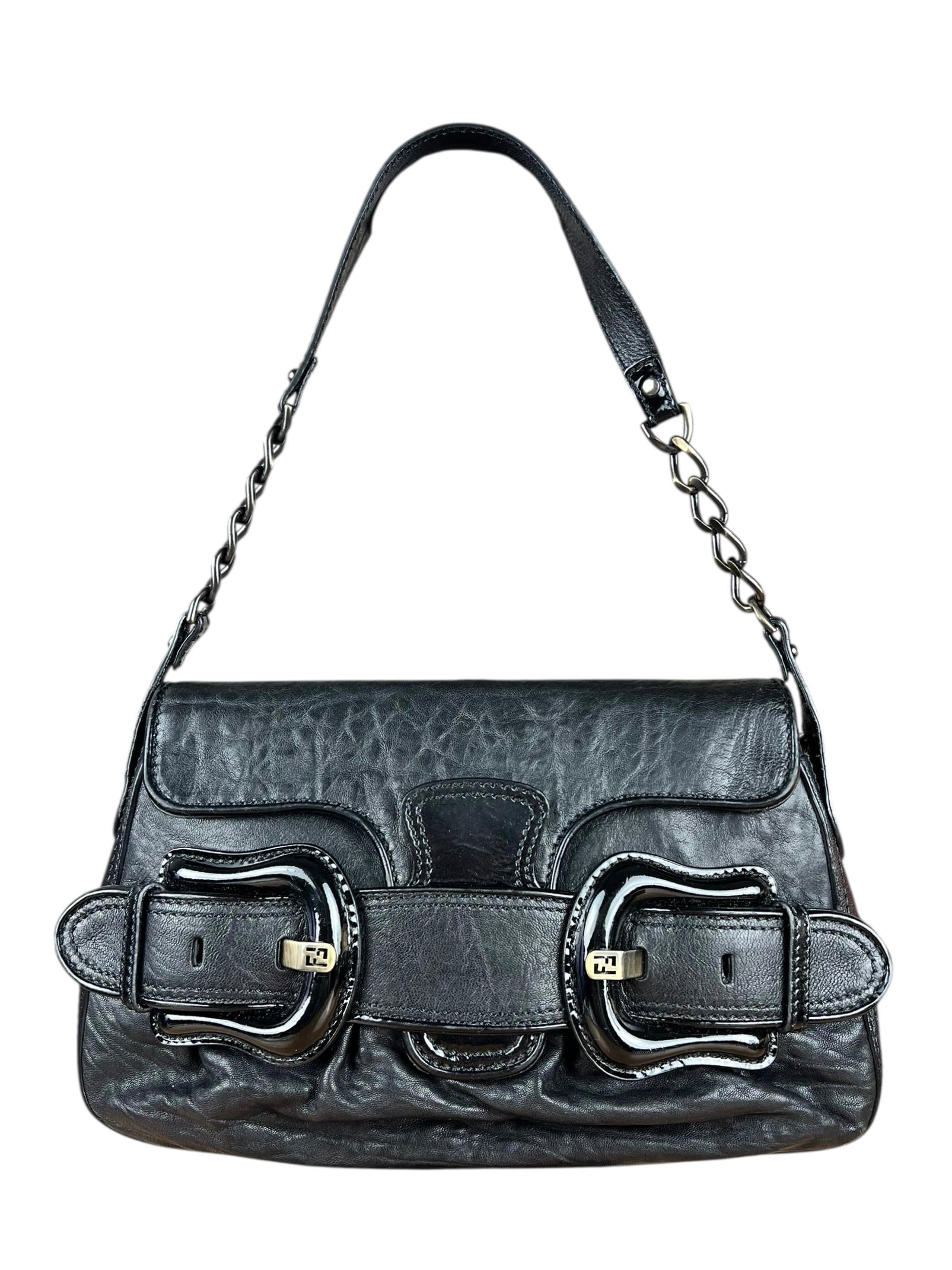 Fendi Black Patent Buckle Leather Shoulder Bag