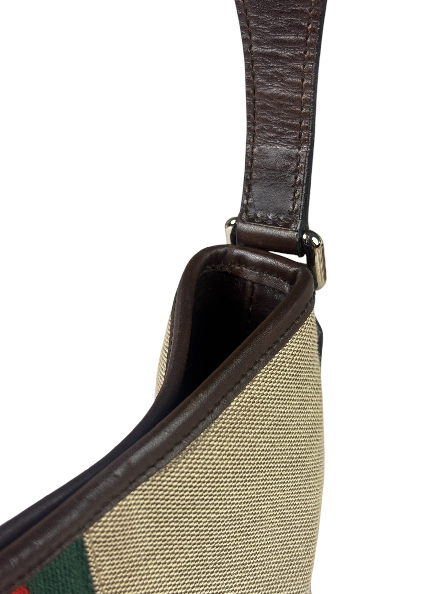 Gucci Brown/Beige Leather Trim Reins Canvas Web Hobo Bag
