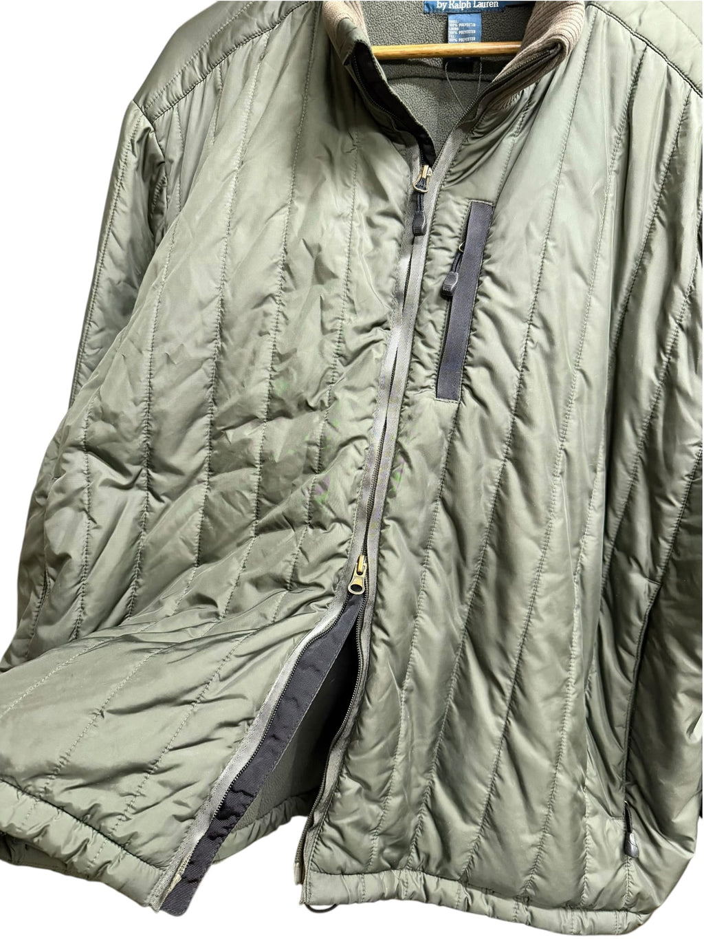 Vintage Ralph Lauren Olive Vertical Puffer Jacket (Collar Hoodie)