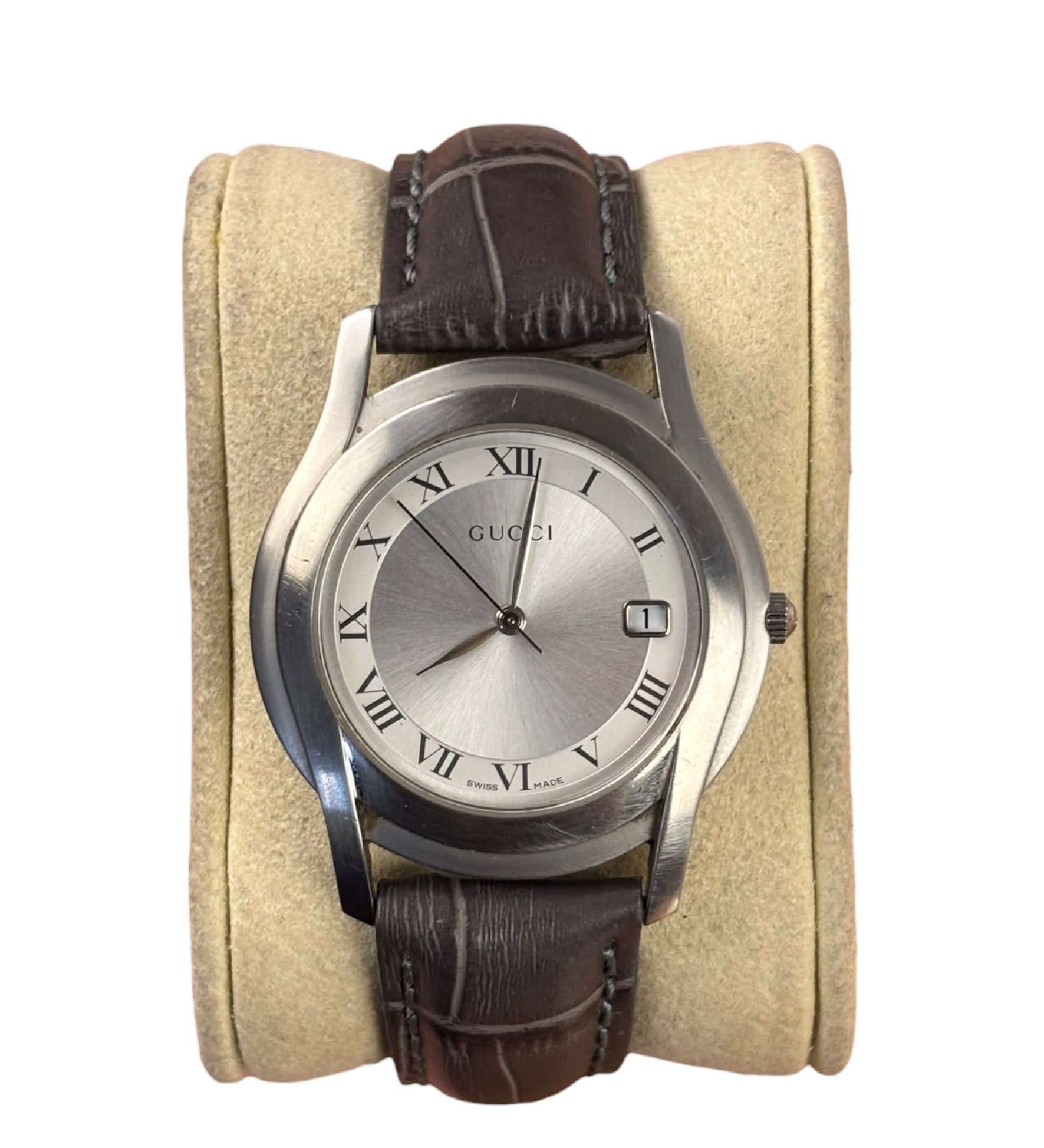 Gucci 5500M Silver Roman Dial Grey Croc Strap