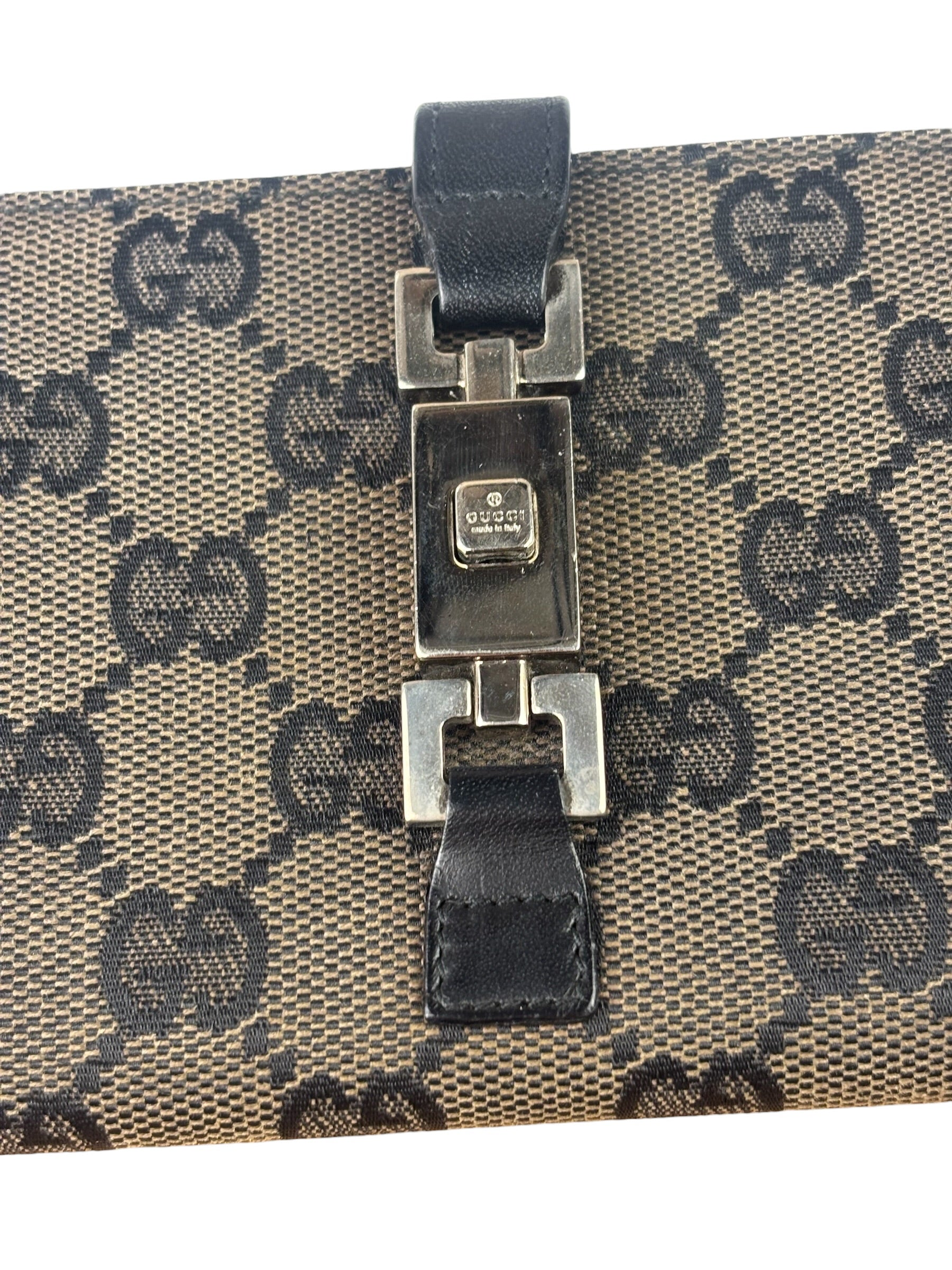 Gucci Black Leather Trim GG Flap Long Wallet