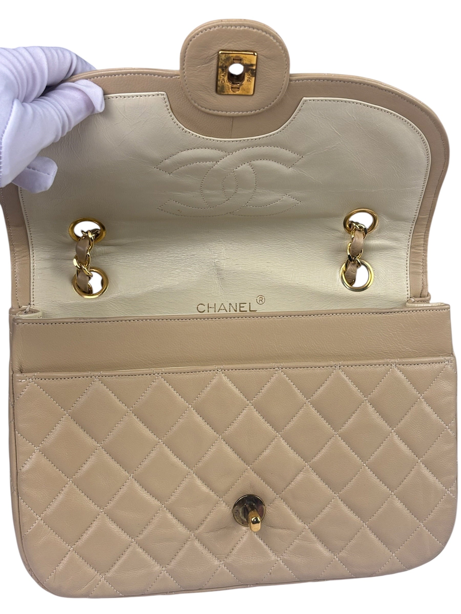Chanel Beige Quilted Lambskin Flap Bag 90's