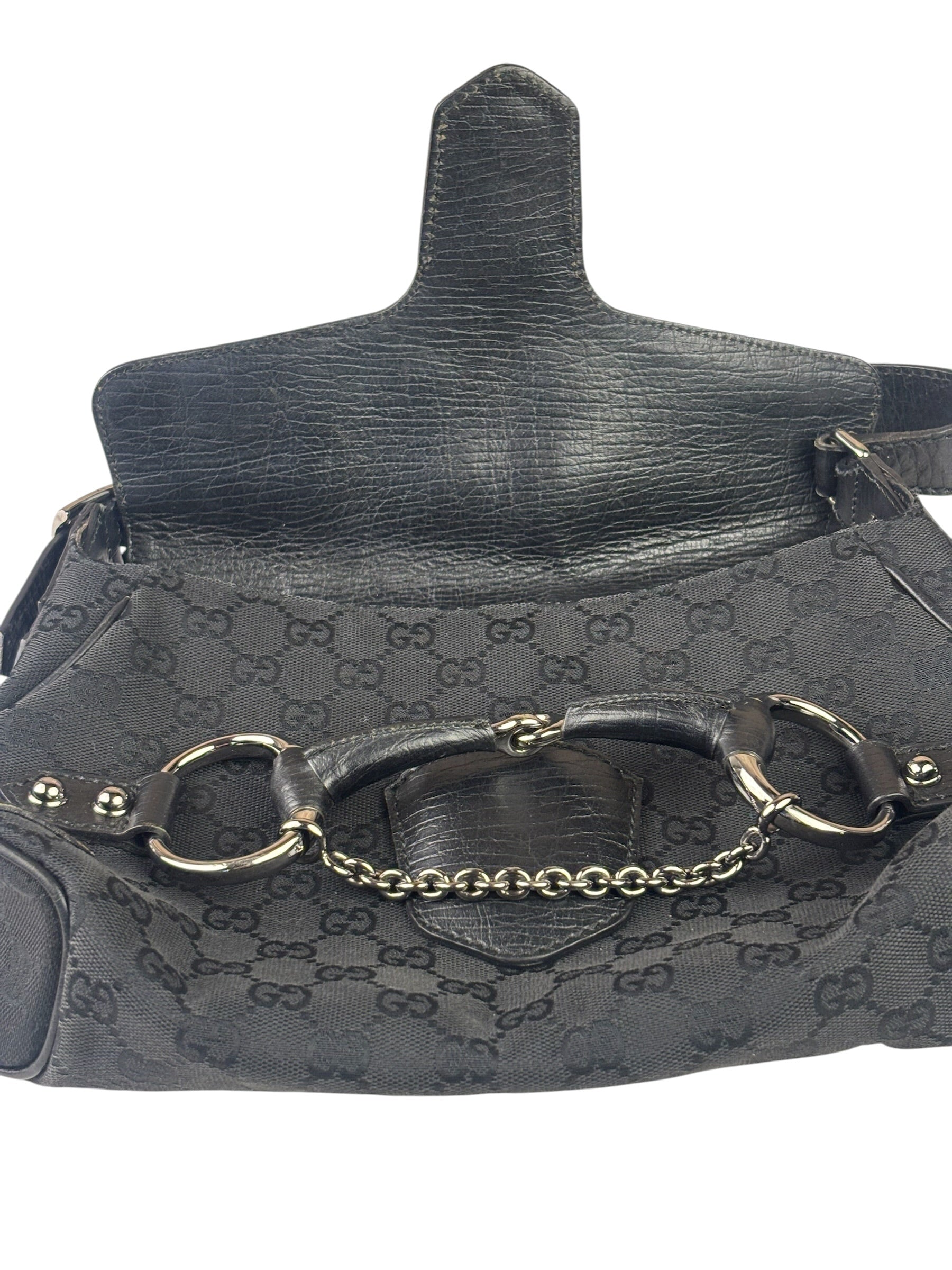 Gucci Black Leather Trim Horsebit GG Chain Shoulder Bag